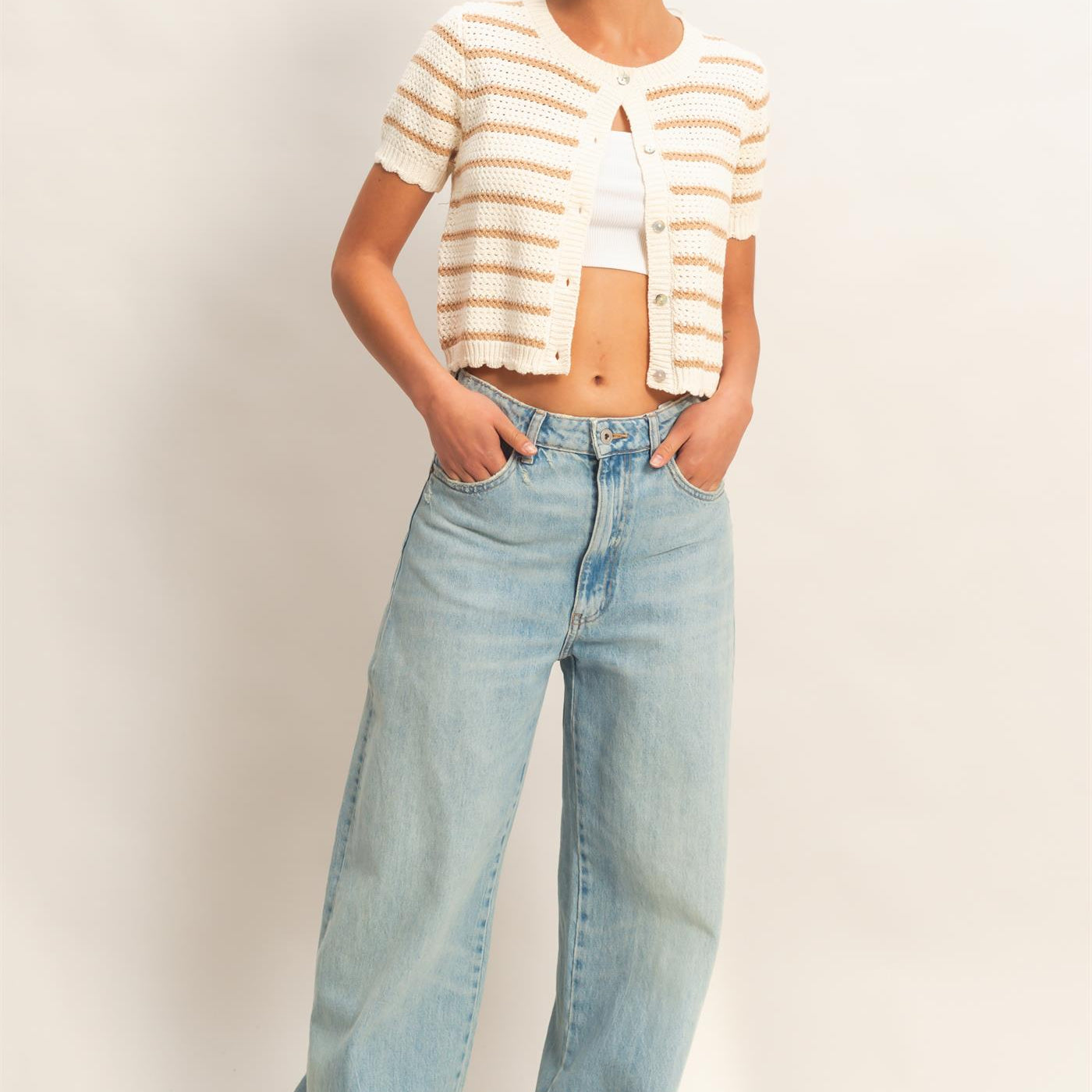 Wholesale Striped Short Sleeve Cardigan With Scallop Edge Cardigans DZ26A605 TAUPE DOUBLE ZERO