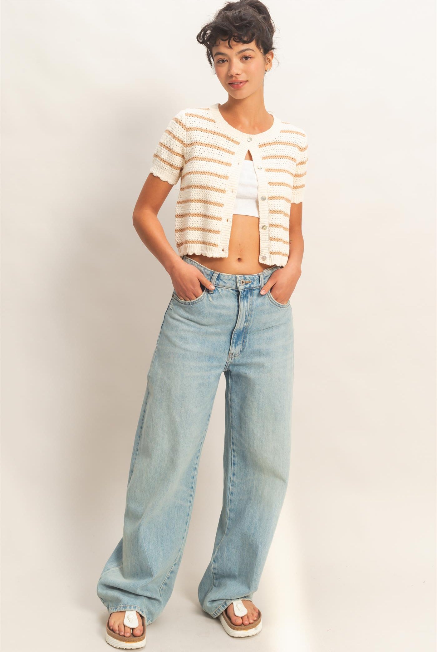 Wholesale Striped Short Sleeve Cardigan With Scallop Edge Cardigans DZ26A605 TAUPE DOUBLE ZERO