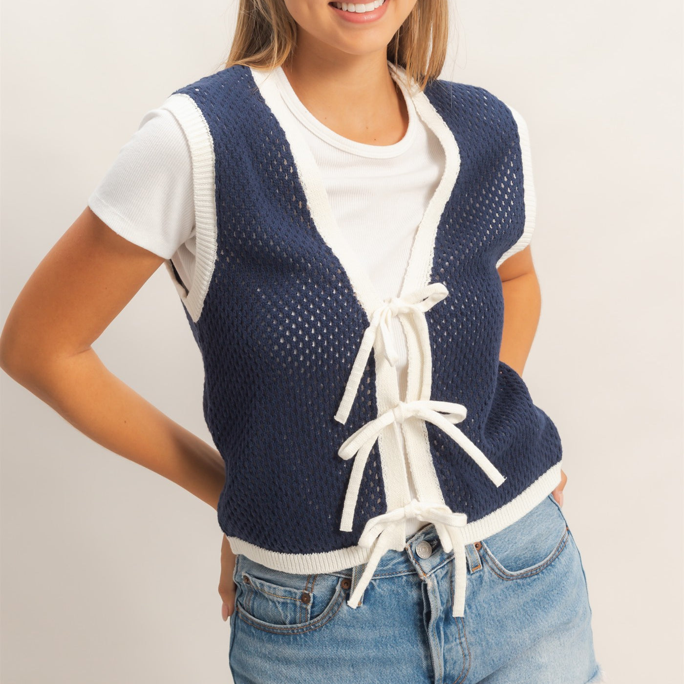 Wholesale Knit Vest With Tie Closure Sweaters HF26A238 NAVY/IVORY HYFVE