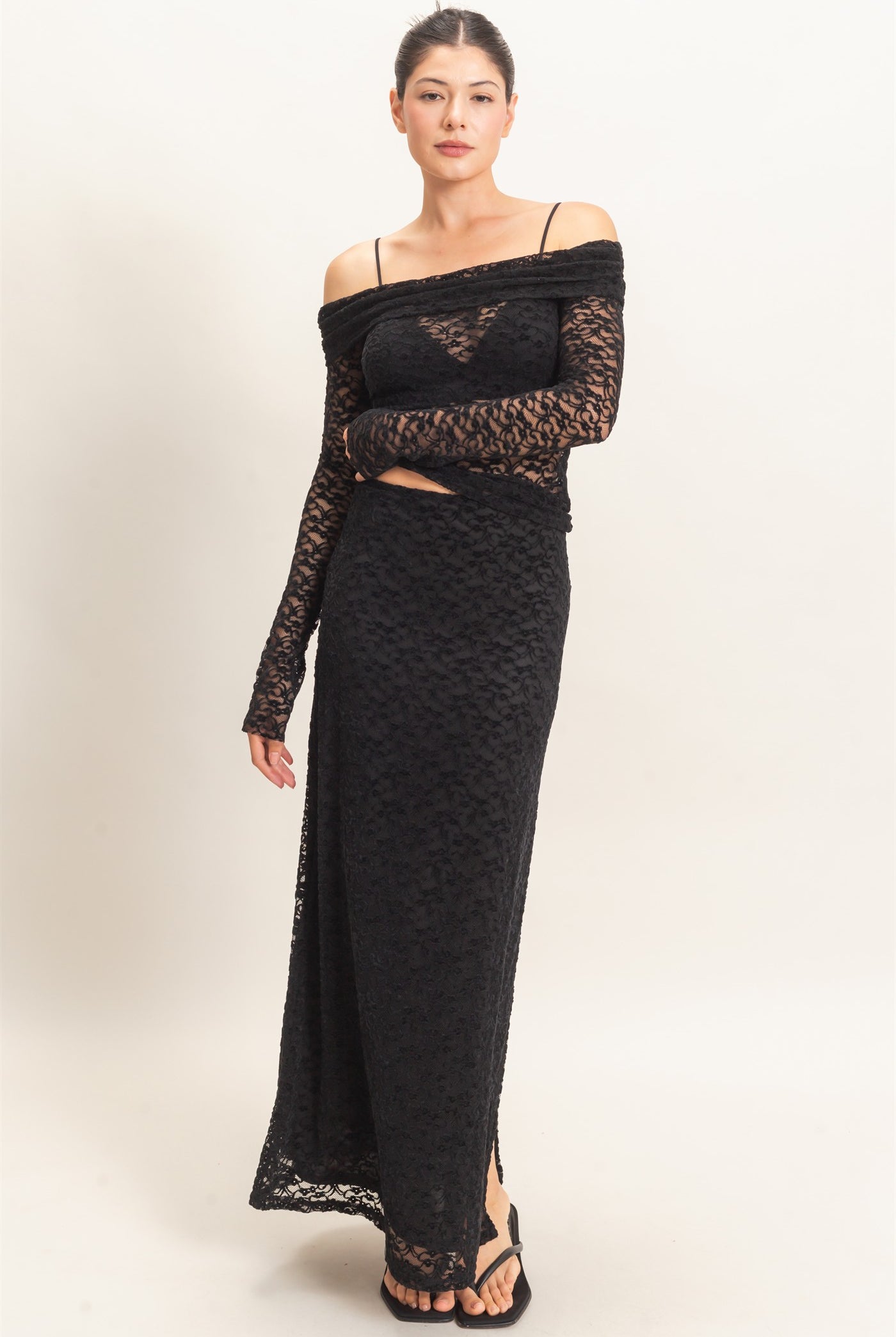 Wholesale Off-Shoulder Lace Top Clothing Tops HF26E407 BLACK HYFVE