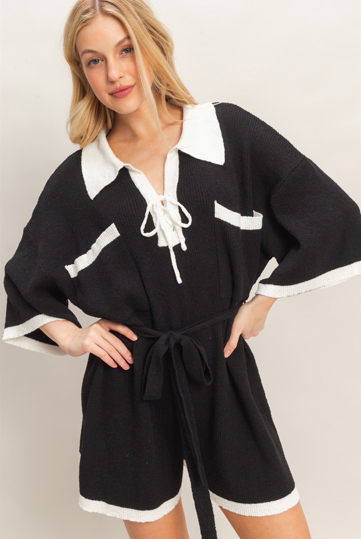 Wholesale Knit Romper With Contrast Tie Clothing HF26A408 BLACK HYFVE