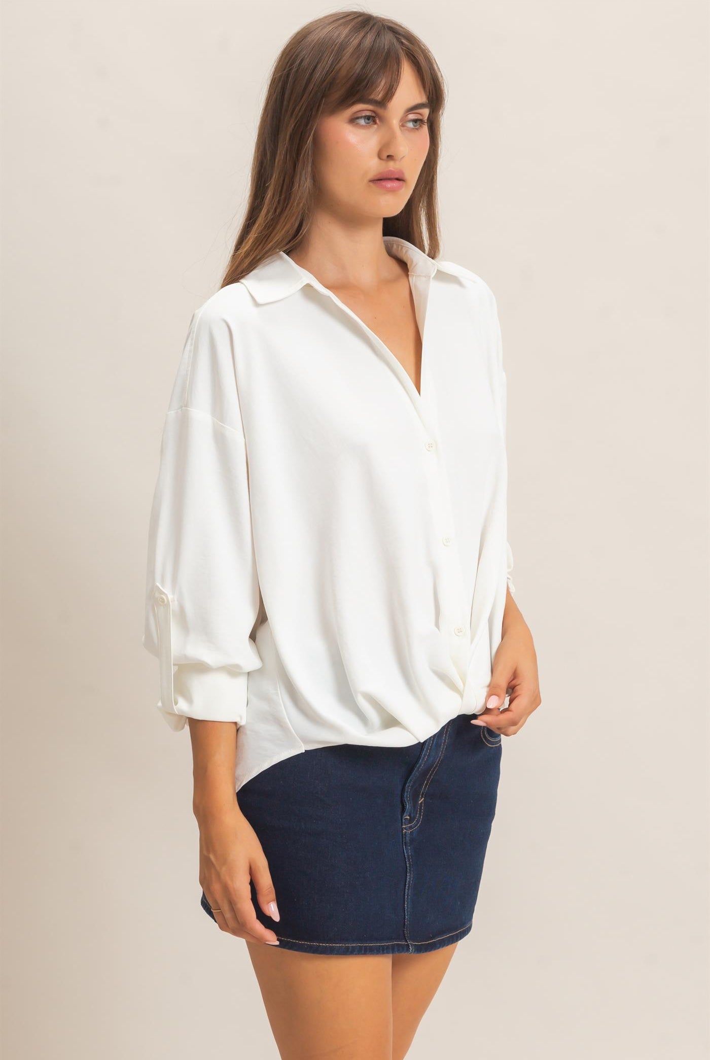 Wholesale Button-Up Dolman Sleeve Top Shirts HF26F070 OFF WHITE HYFVE
