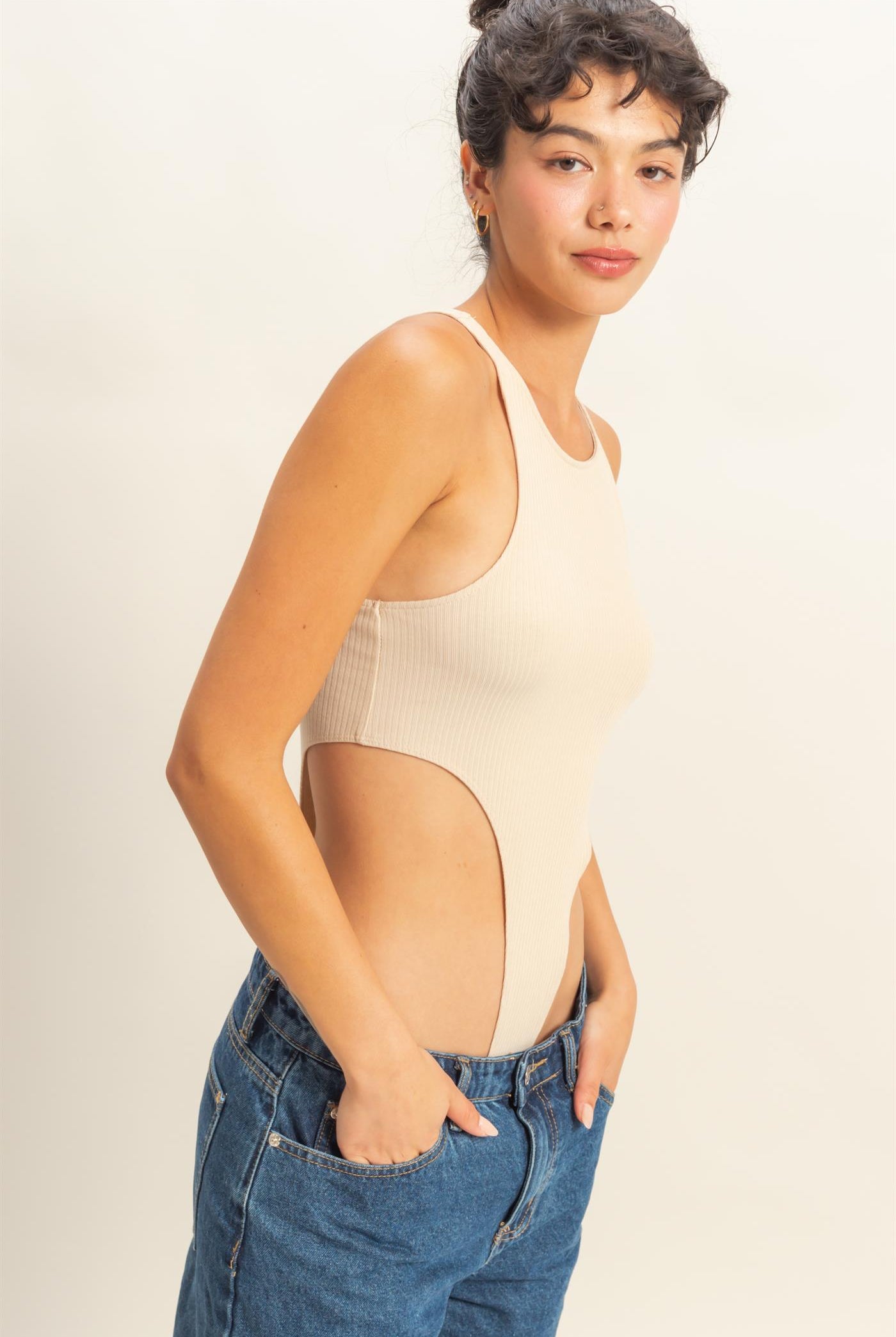 Wholesale High Cut Bodysuit Clothing Tops DZ22E146 KHAKI DOUBLE ZERO