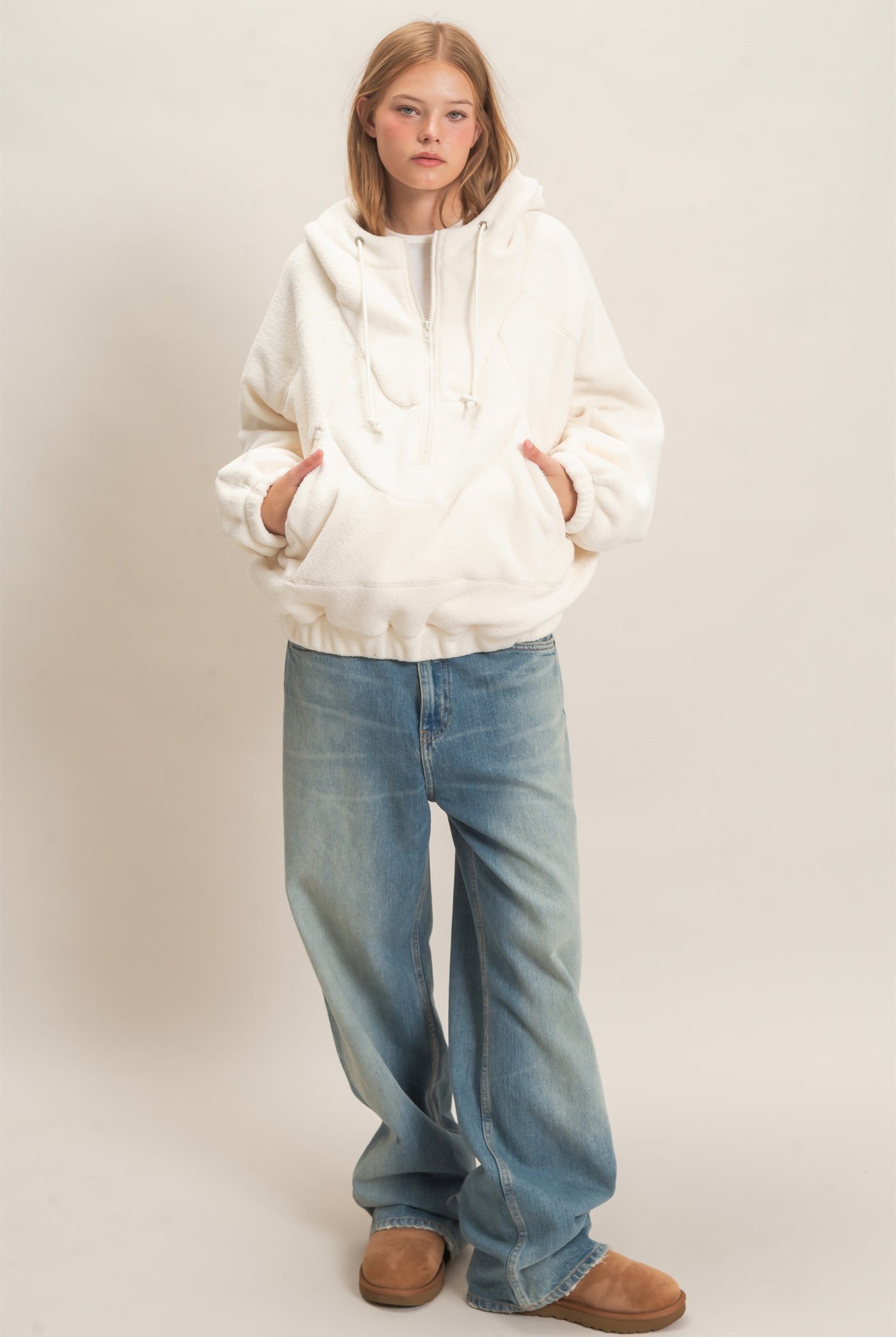 Wholesale Half-Zip Fleece Hoodie Hoodies HF26E561 WHIP CREAM HYFVE