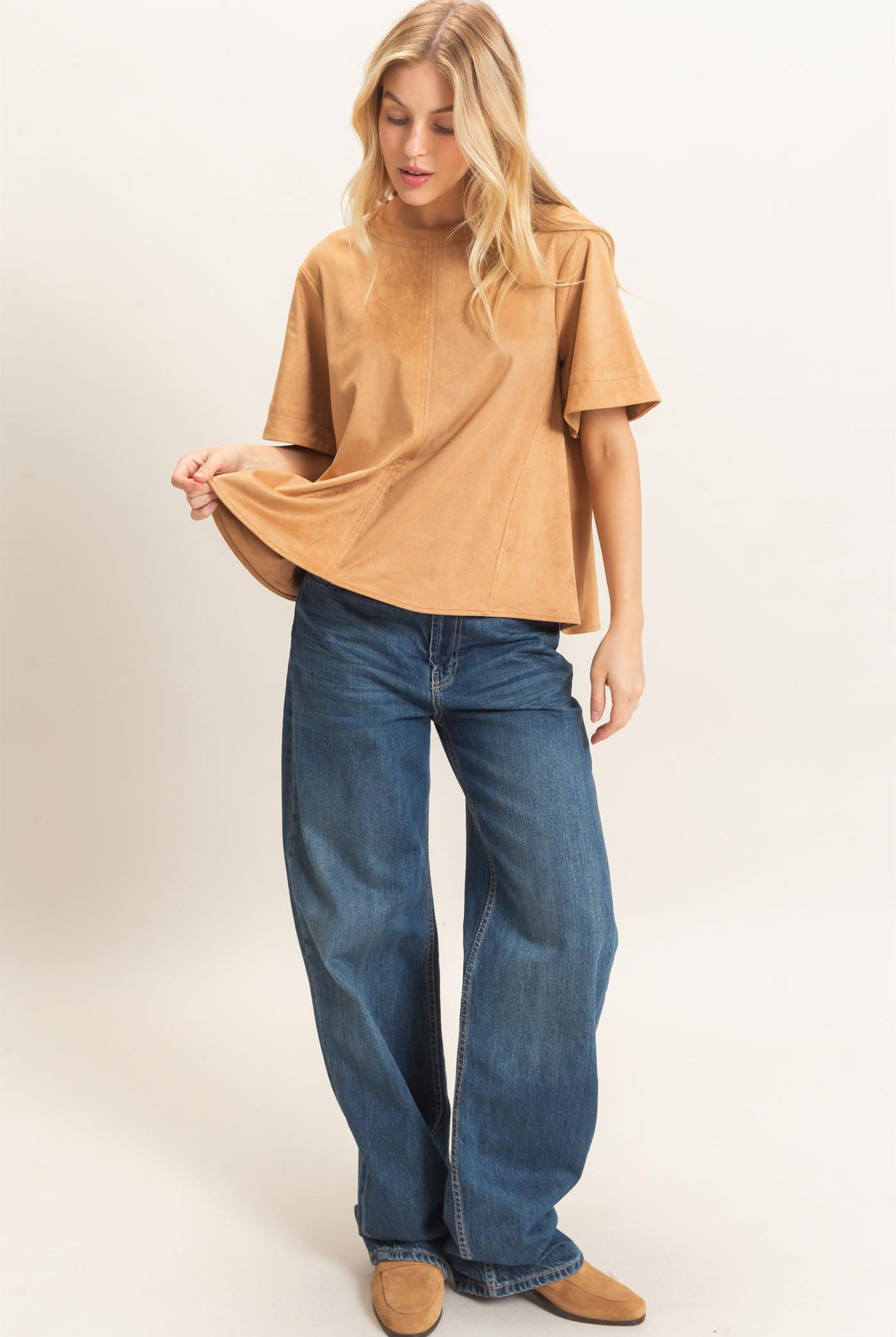 Wholesale Suede Boat Neck Top Clothing Tops HF26E351 CAMEL HYFVE