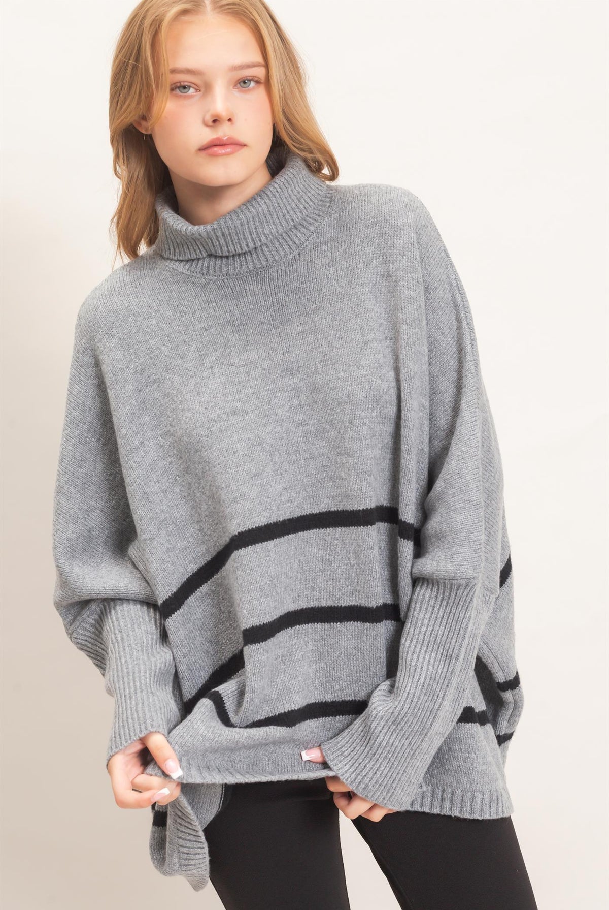Wholesale Striped Turtleneck Poncho Sweater Sweaters HF26F194 HEATHER GRAY HYFVE