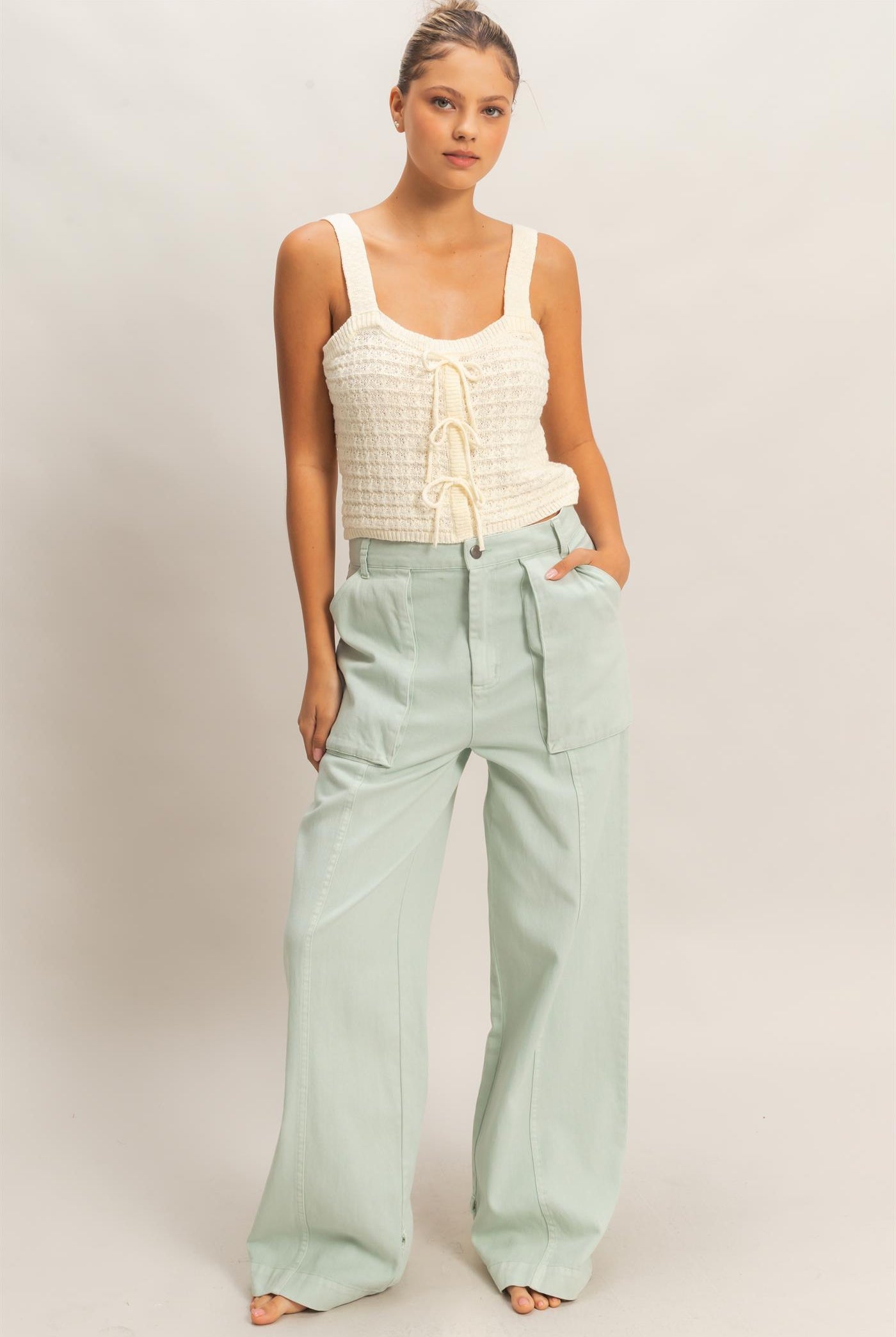 Wholesale High Rise Cargo Pants With Ankle Ties Pants DZ24C156 MINT DOUBLE ZERO