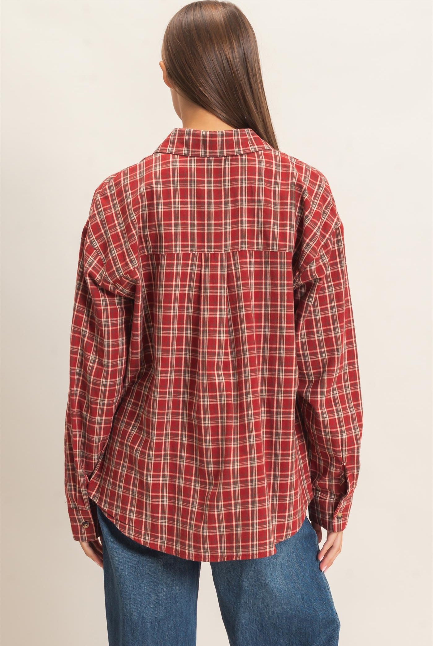 Wholesale Plaid Oversized Shirt Shirts DZ26F062 DARK RED DOUBLE ZERO