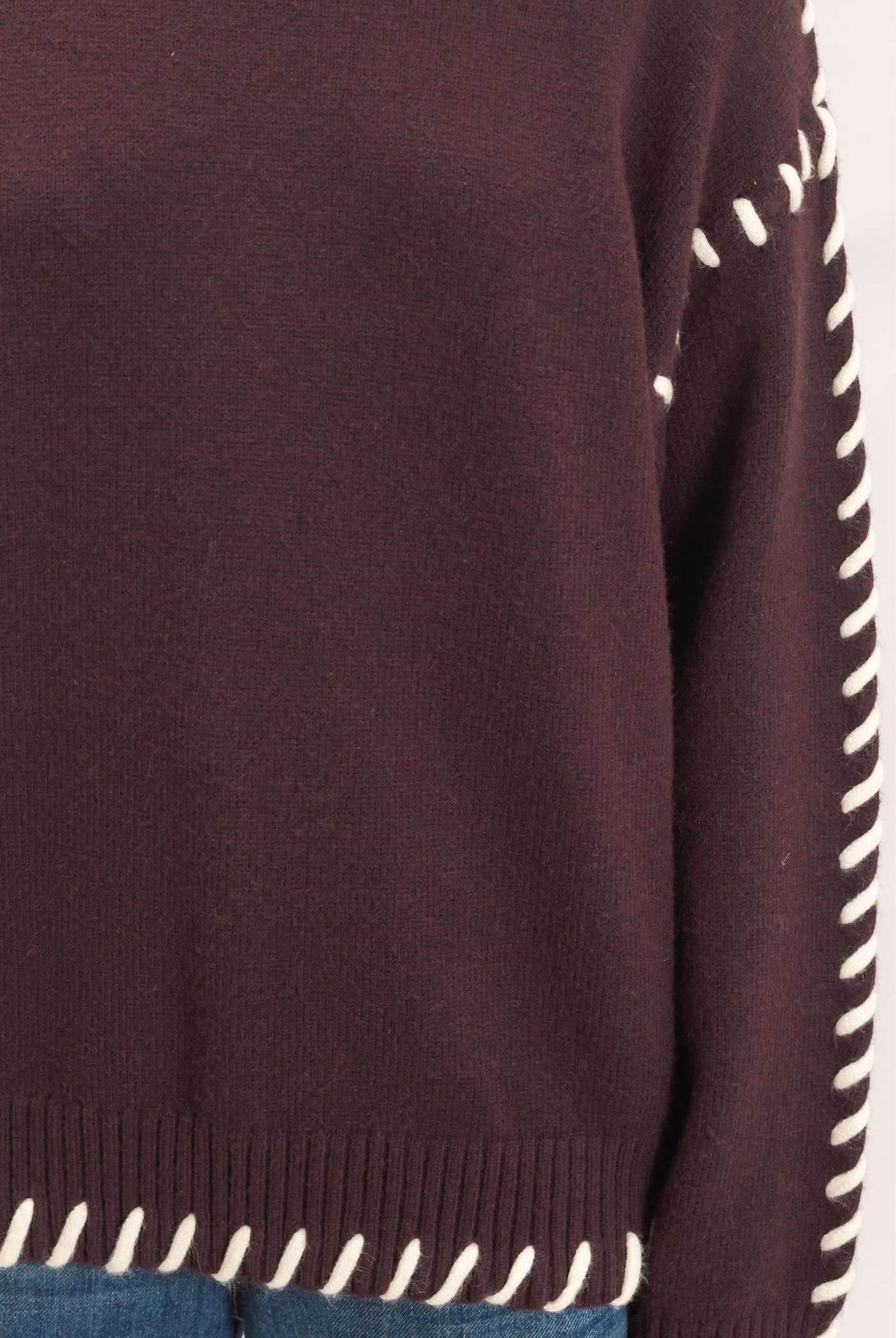 Wholesale Blanket Stitch High Neck Sweater Sweaters DZ27A190 DARK BROWN DOUBLE ZERO