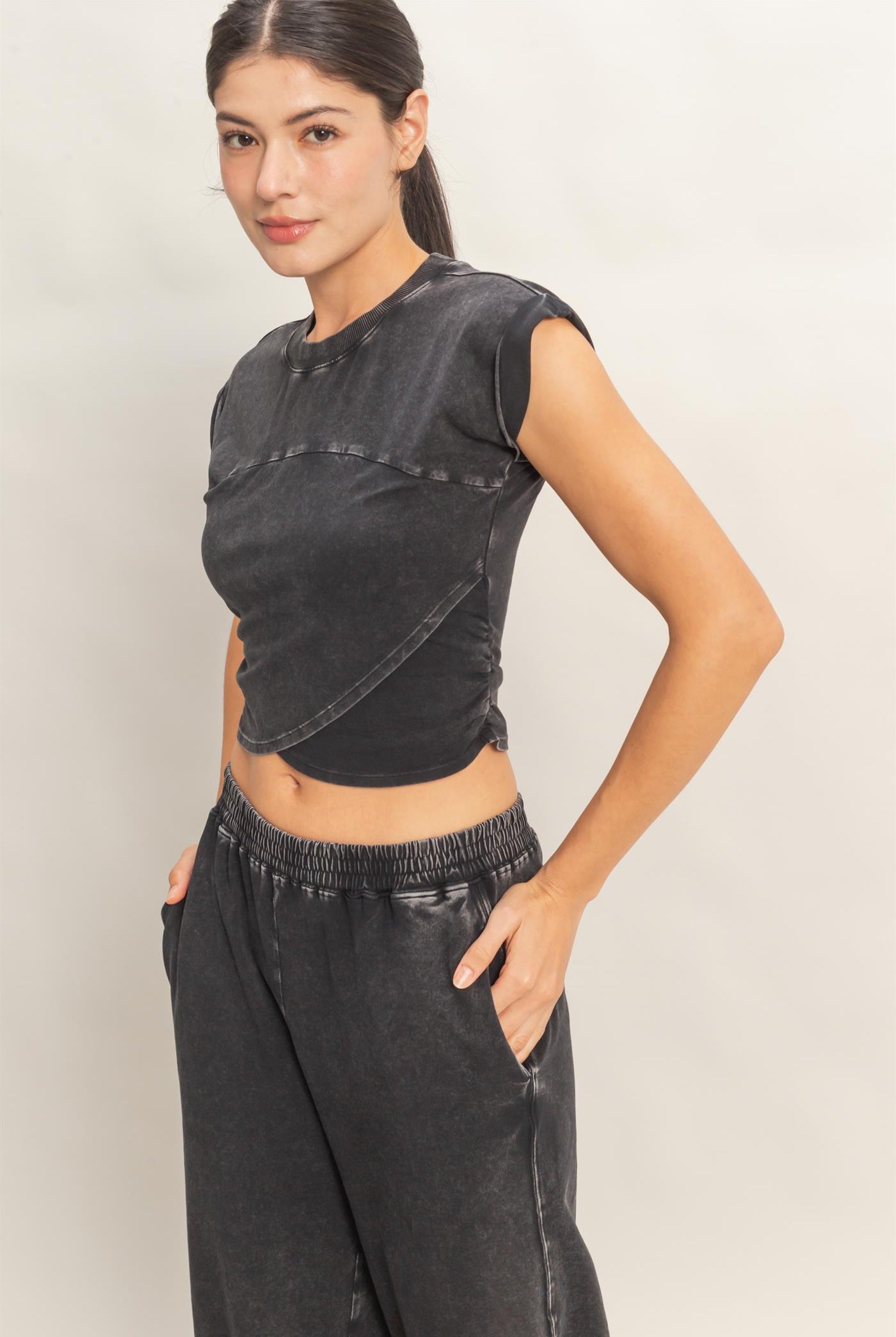 Wholesale Rolled Sleeve Wrap-Front Crop Top And Jogger Set Clothing DZ26A172-SET BLACK DOUBLE ZERO