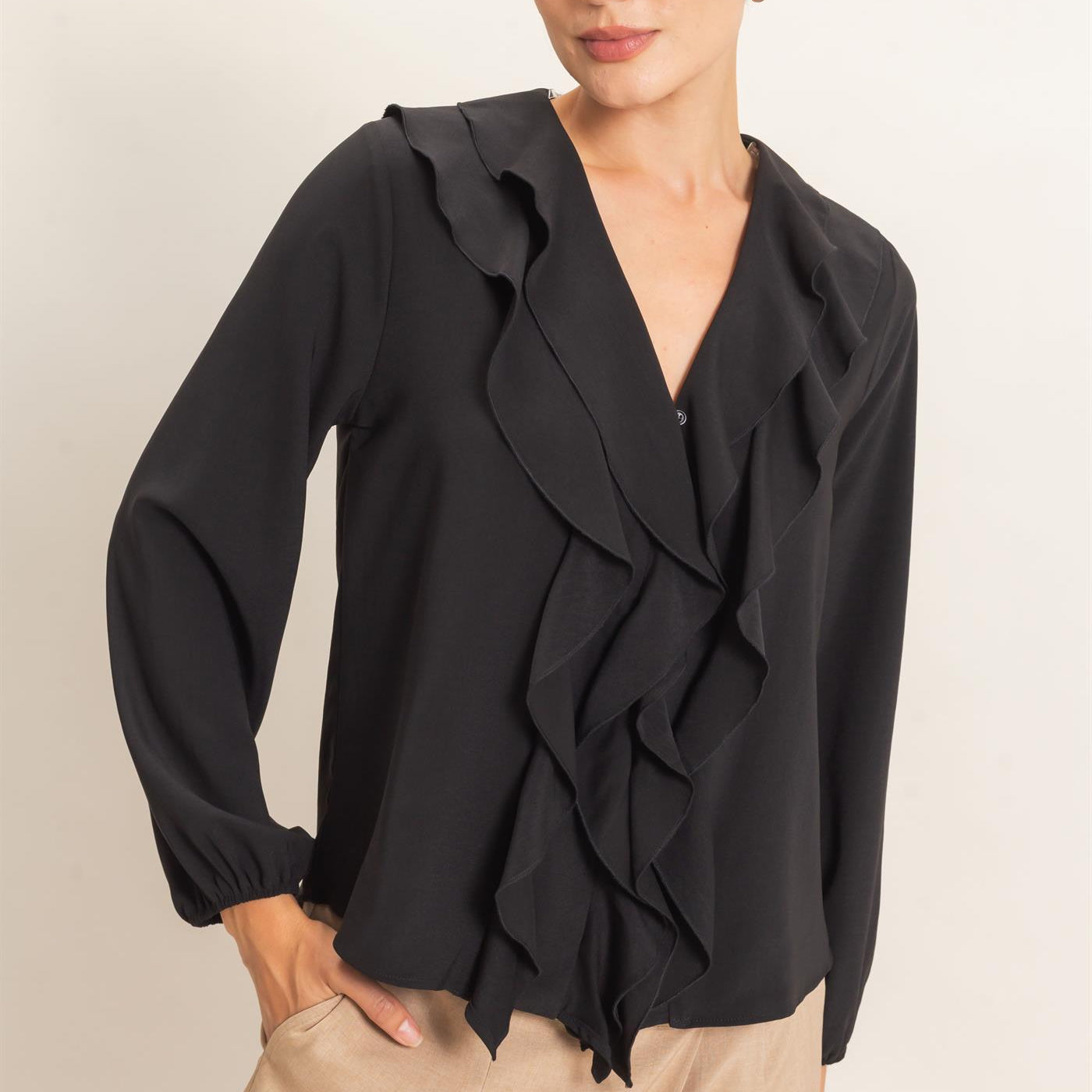 Wholesale Ruffled V-Neck Button-Up Blouse Blouses HF26C739 BLACK HYFVE