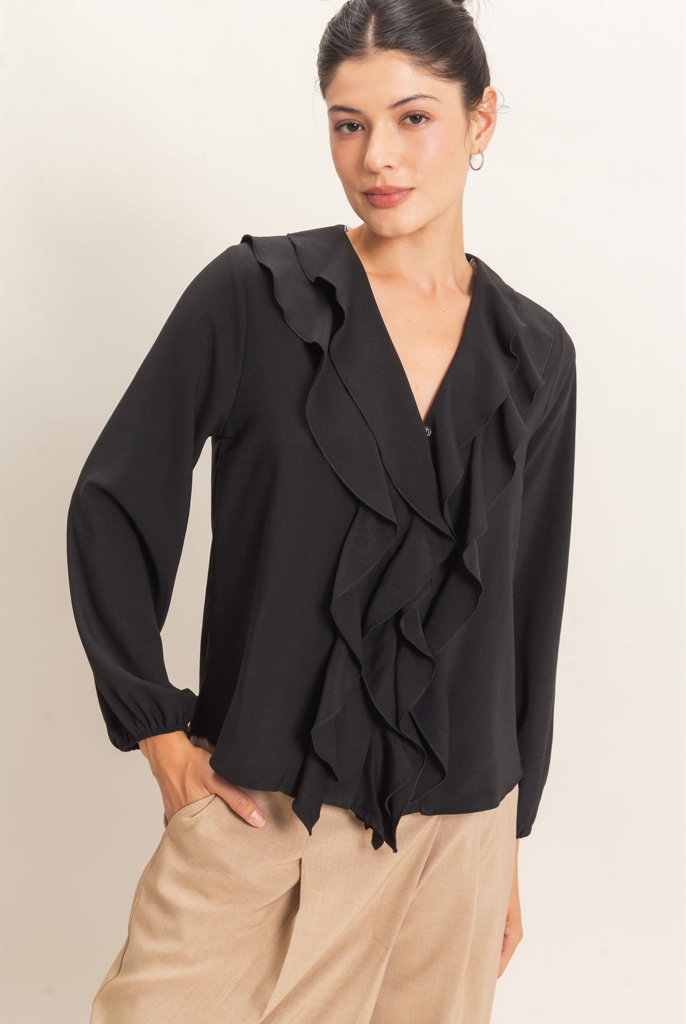 Wholesale Ruffled V-Neck Button-Up Blouse Blouses HF26C739 BLACK HYFVE