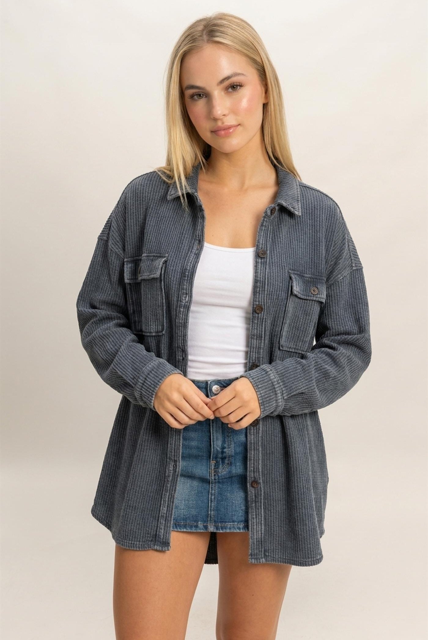 Wholesale Mineral Wash Waffle Knit Button-Up Shacket Coats & Jackets DZ26E249 DARK GRAY DOUBLE ZERO