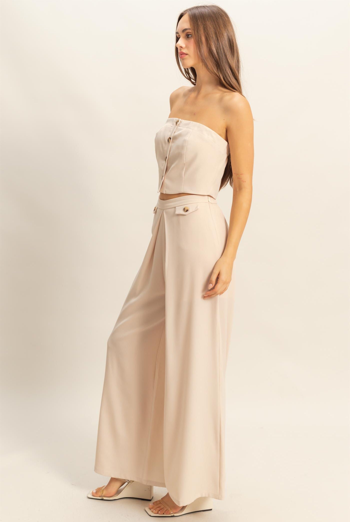 Wholesale Strapless Buttoned Top And Pants Set Clothing HF25E017-SET BEIGE HYFVE