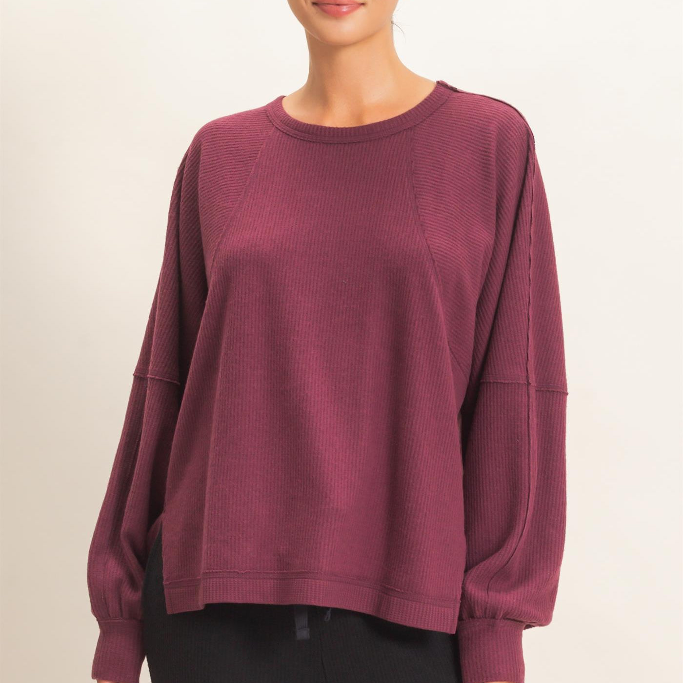 Wholesale Brushed Waffle Long Sleeve Top Clothing Tops DZ26F312 DARK CHERRY DOUBLE ZERO