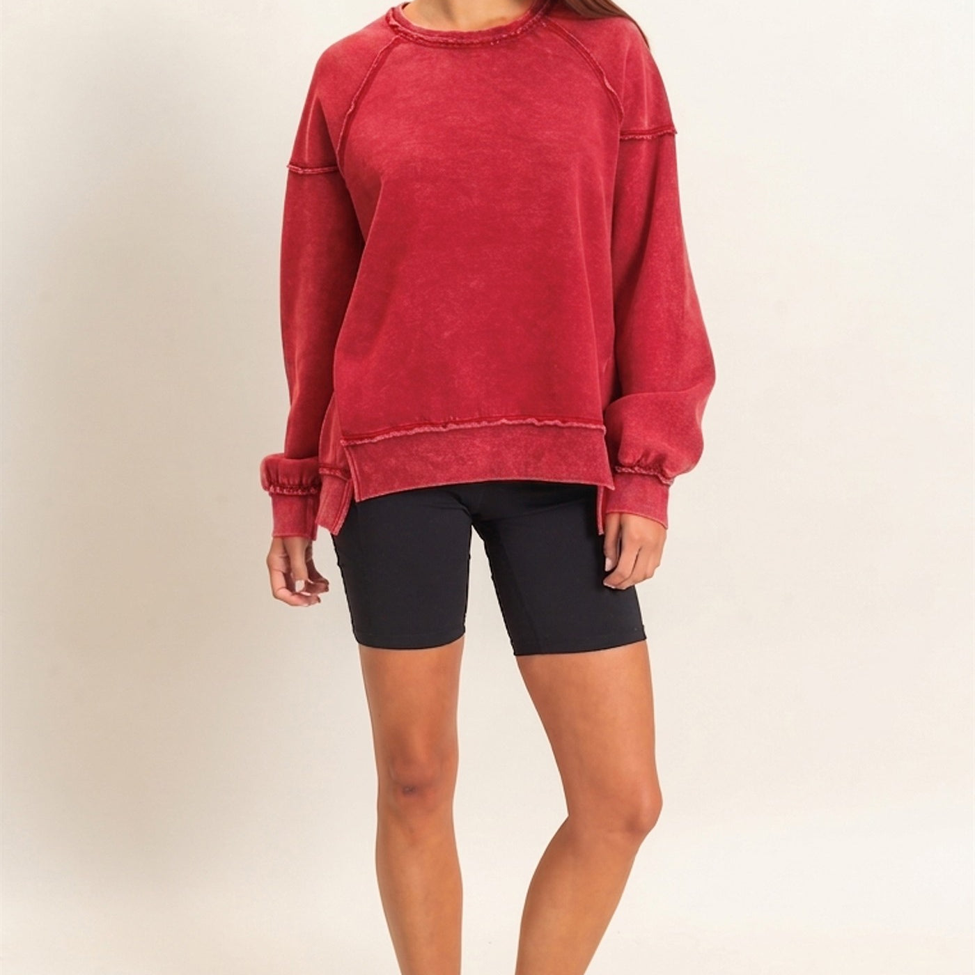 Wholesale Acid Wash Raw Edge Sweatshirt Sweatshirts DZ26C910 RED DOUBLE ZERO