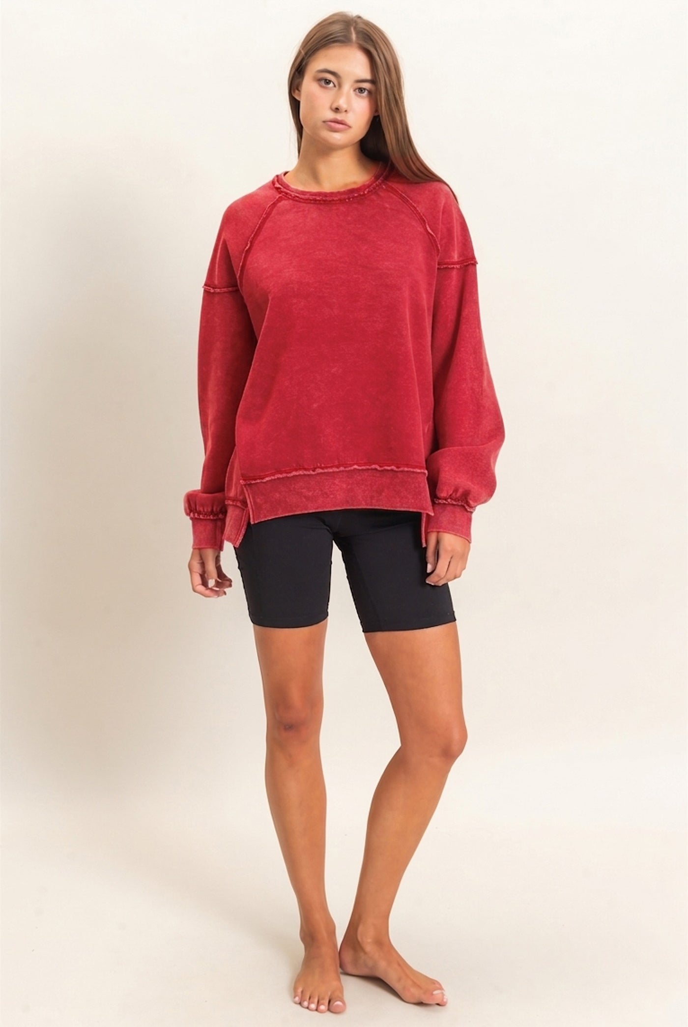 Wholesale Acid Wash Raw Edge Sweatshirt Sweatshirts DZ26C910 RED DOUBLE ZERO