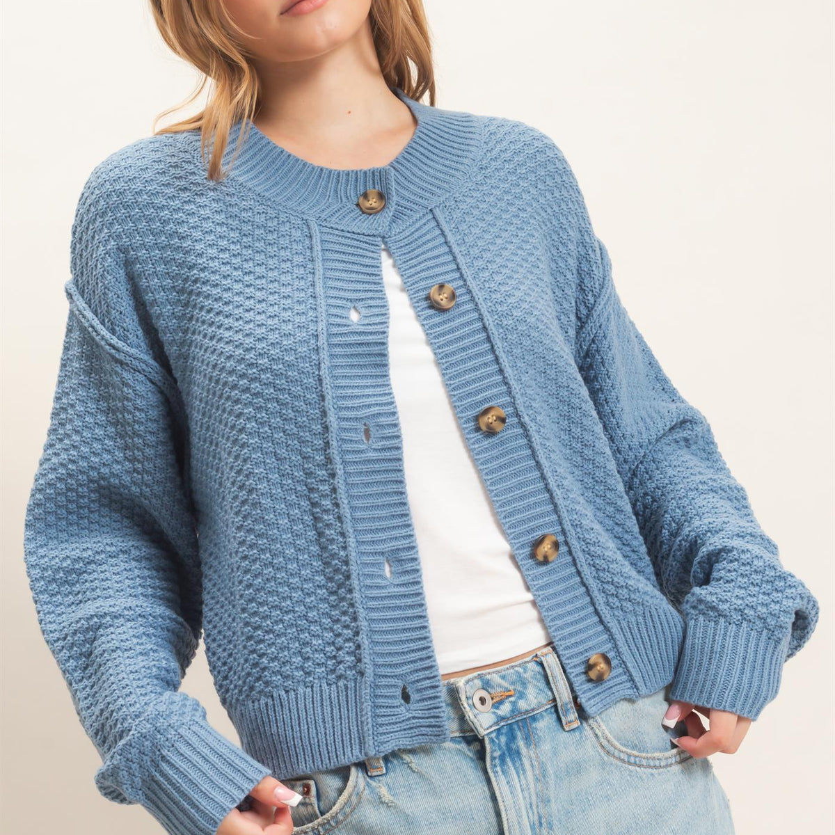 Wholesale Textured Knit Button-Front Cardigan Cardigans HF26C409 BLUE HYFVE