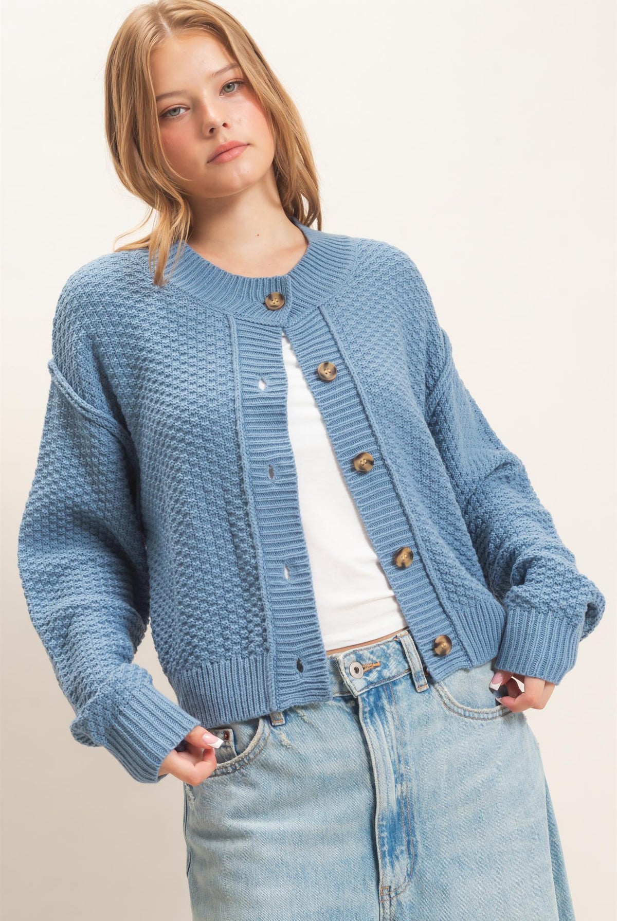 Wholesale Textured Knit Button-Front Cardigan Cardigans HF26C409 BLUE HYFVE