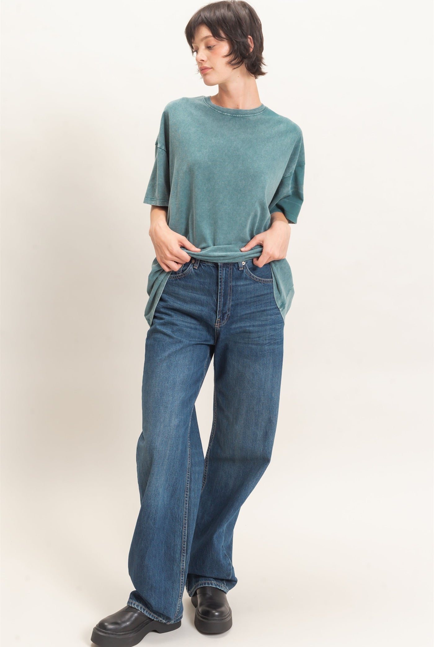 Wholesale Mineral Wash Oversized Crew Neck T-Shirts Clothing Tops DZ26C961 DARK TEAL DOUBLE ZERO