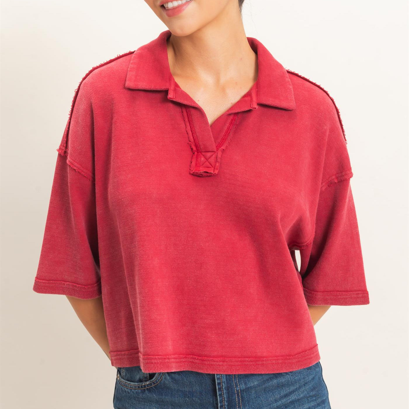 Wholesale Mineral Wash Oversized Collar Short Sleeve Top Clothing Tops DZ26E813 DARK RED DOUBLE ZERO