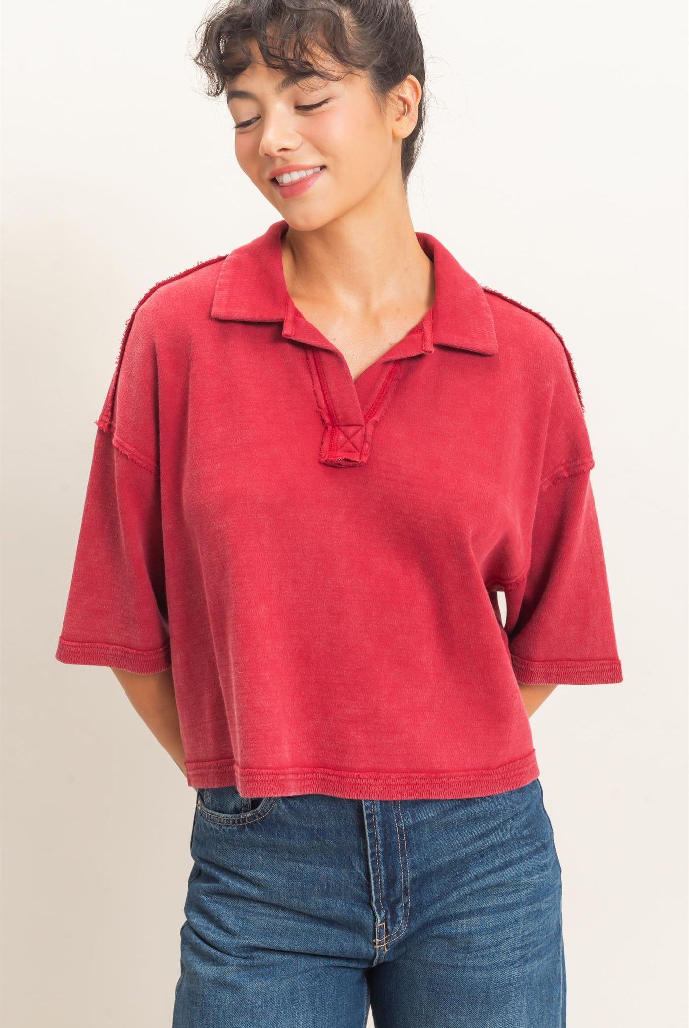 Wholesale Mineral Wash Oversized Collar Short Sleeve Top Clothing Tops DZ26E813 DARK RED DOUBLE ZERO