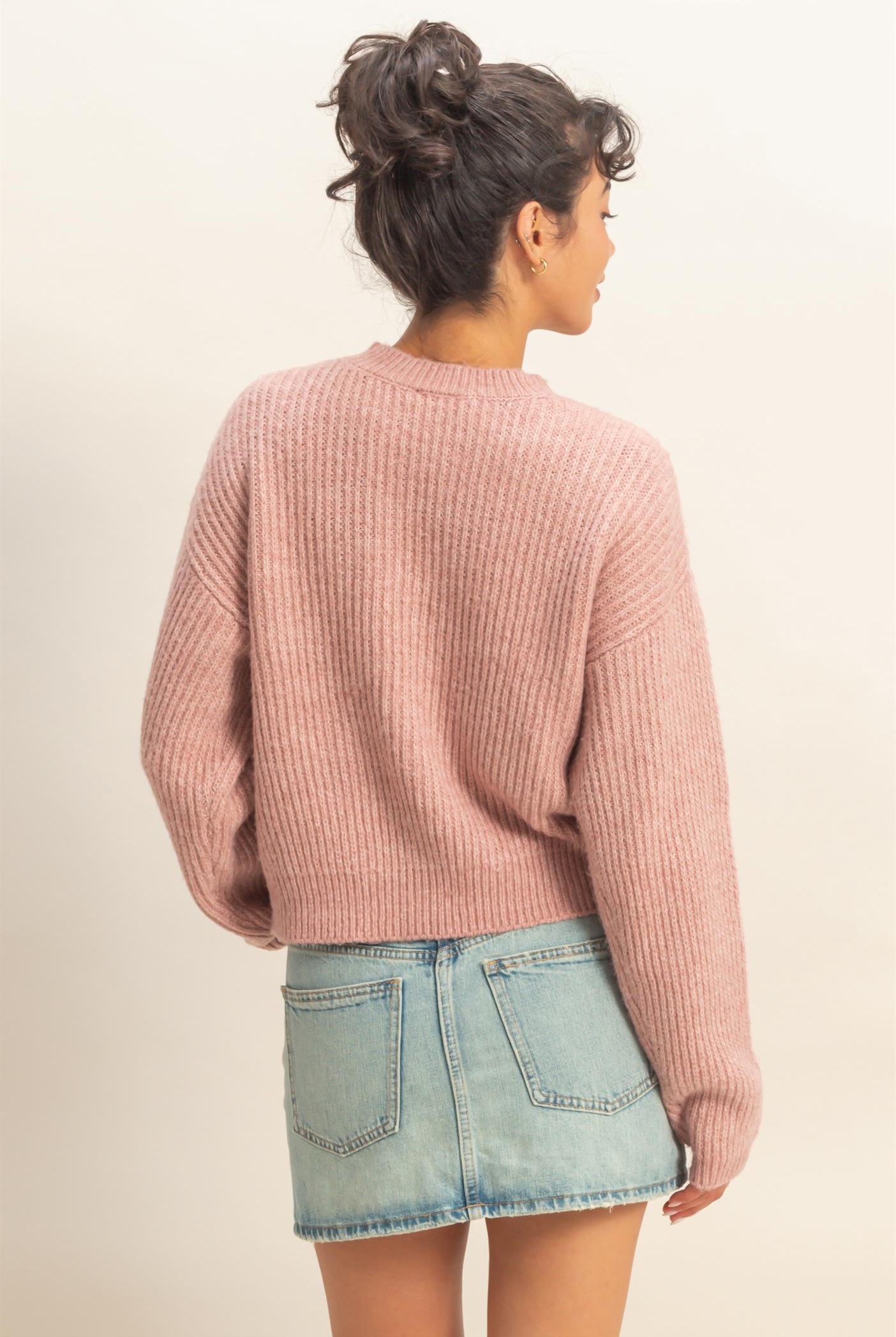 Wholesale Ribbed Crew Neck Sweater Sweaters DZ25F006 PINK FROST DOUBLE ZERO