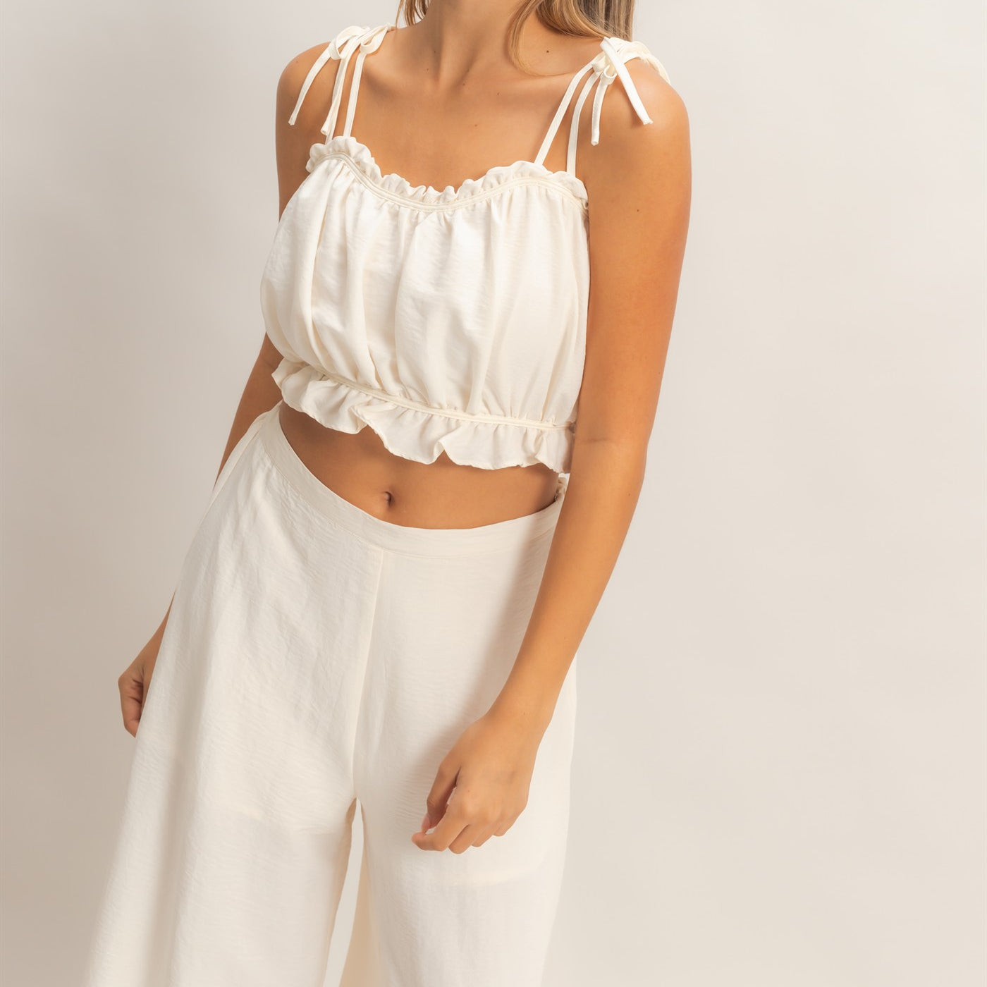 Wholesale Ruffle Smocked Bust Top & Wide Pants Clothing HF26A502-SET-D OFF WHITE HYFVE