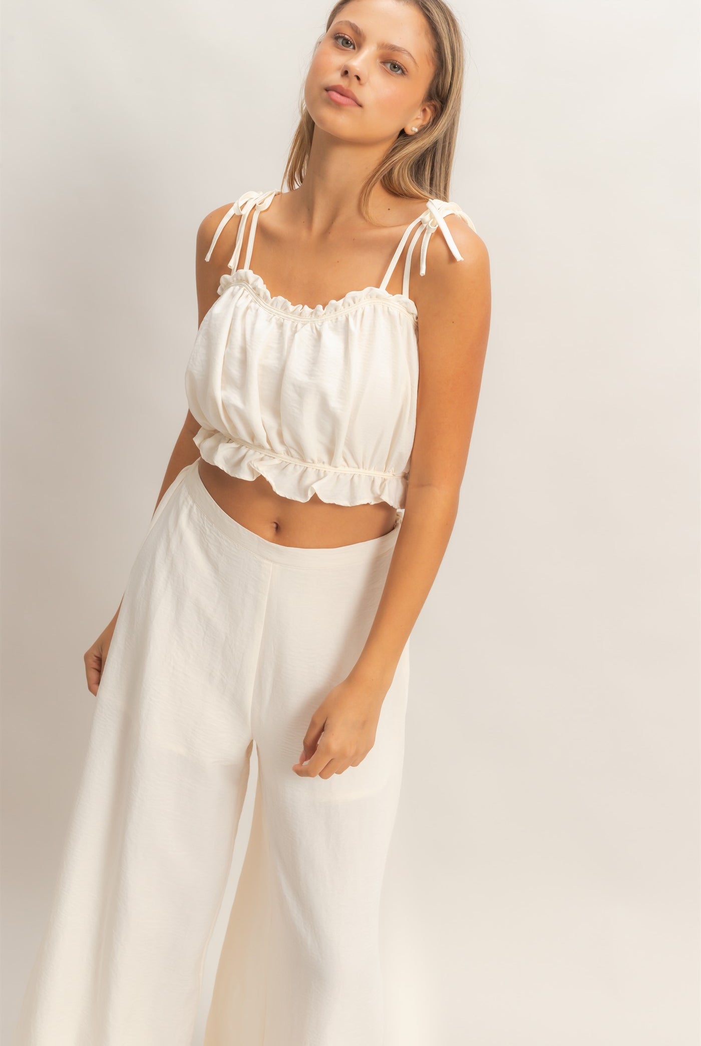 Wholesale Ruffle Smocked Bust Top & Wide Pants Clothing HF26A502-SET-D OFF WHITE HYFVE