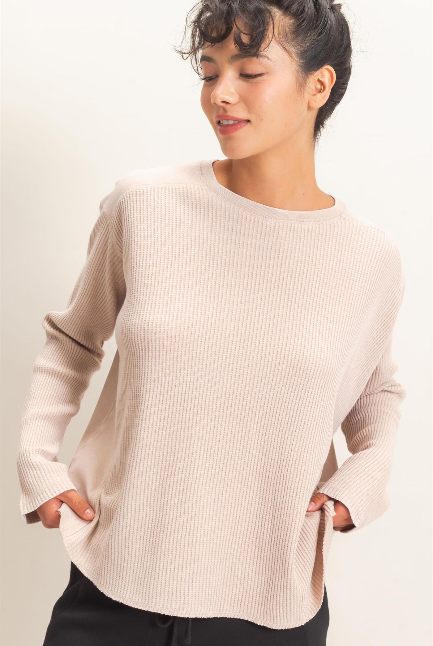 Wholesale Oversized Mineral Washed Waffle Knit Top Clothing Tops DZ26E654 DARK TAUPE DOUBLE ZERO