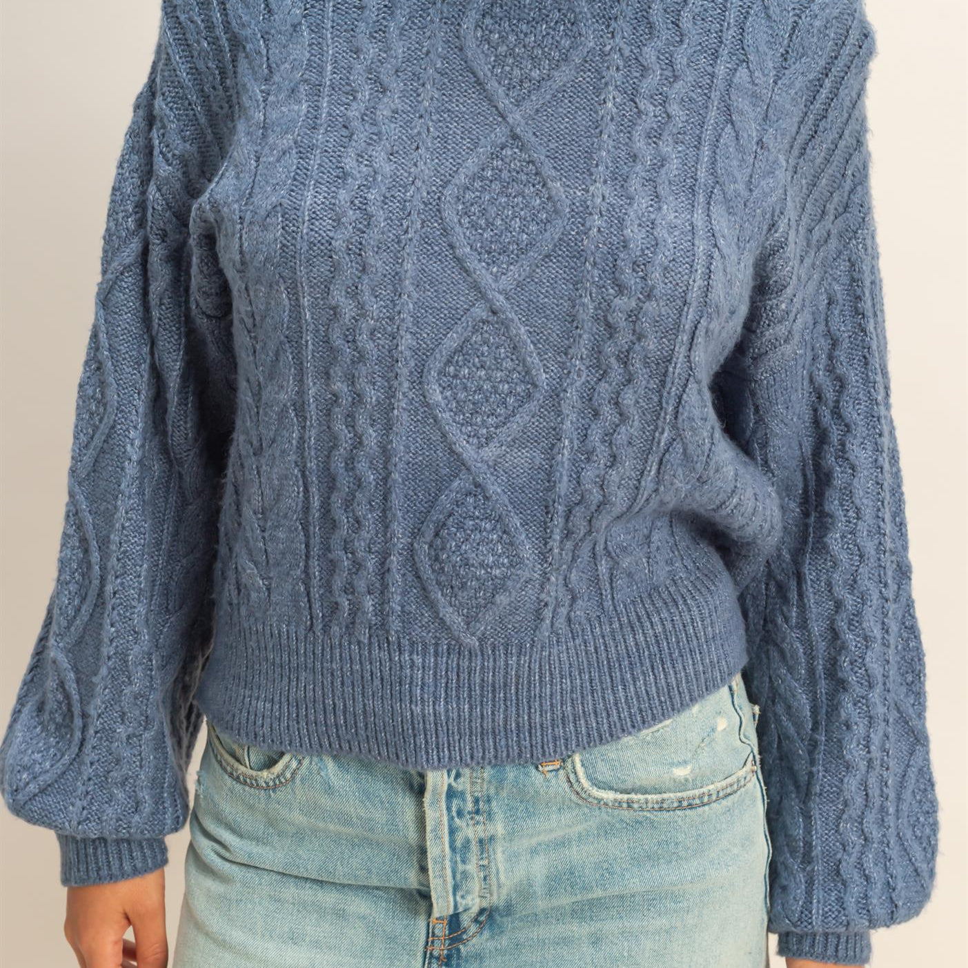 Wholesale Cable Knit Balloon Sleeve Sweater Sweaters DZ25F126 DUSTY NAVY DOUBLE ZERO