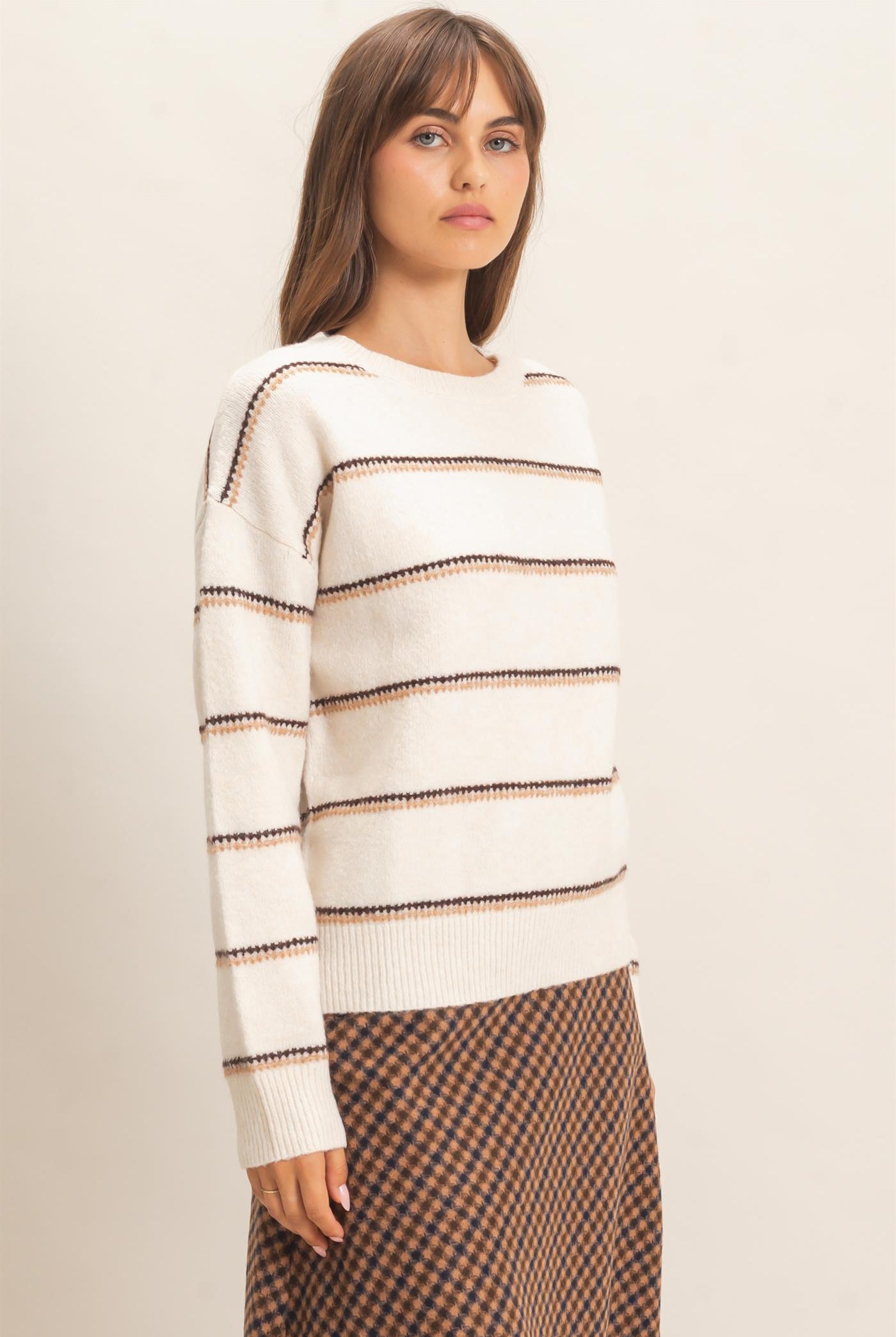 Wholesale Striped Crew Neck Sweater Sweaters HF26E696-D OATMEAL HYFVE