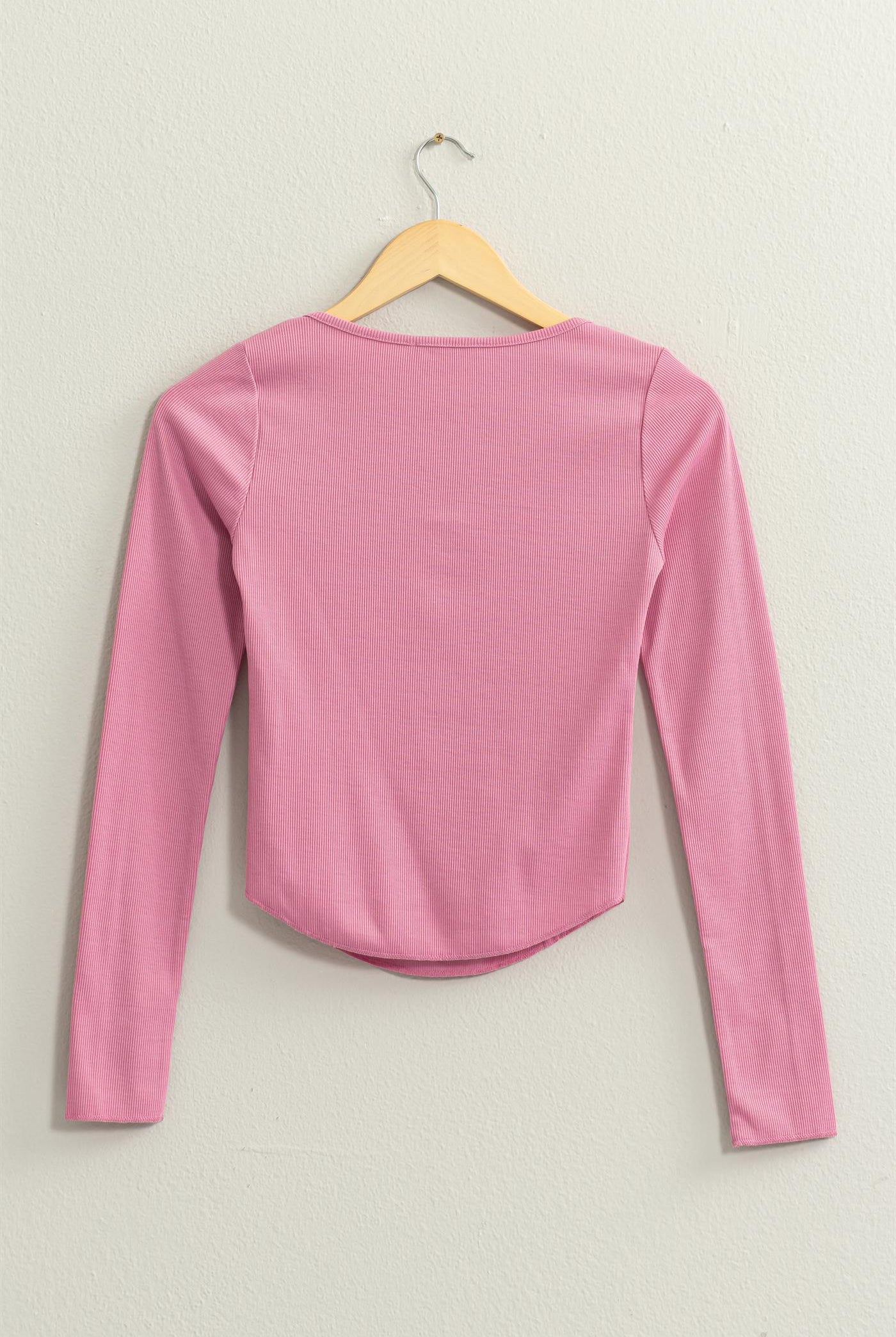 Wholesale Ribbed Long Sleeve Button Front Top Clothing Tops DZ25A025 ROSE PINK DOUBLE ZERO