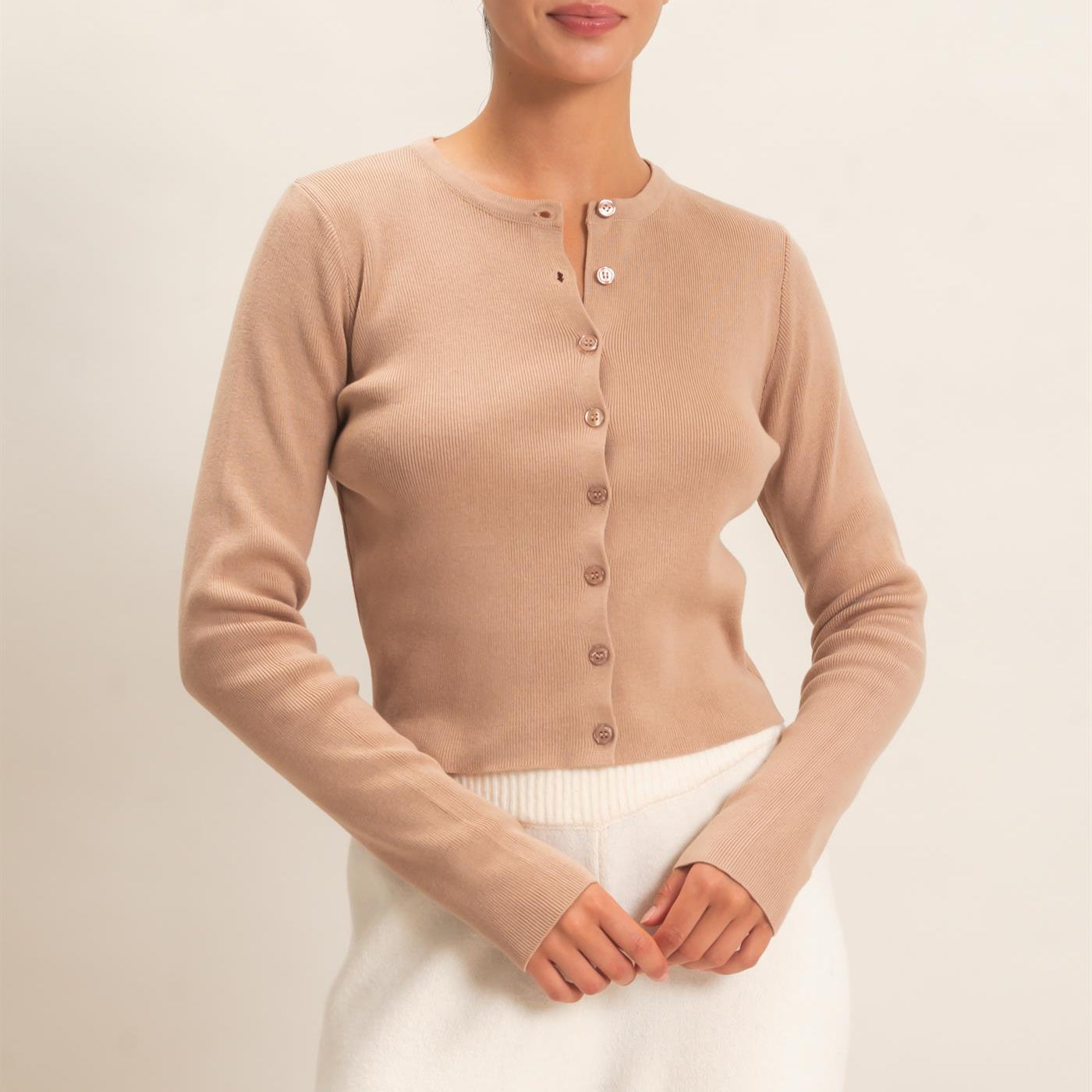 Wholesale Ribbed Crew Neck Cardigan Cardigans DZ27A153 DARK TAUPE DOUBLE ZERO