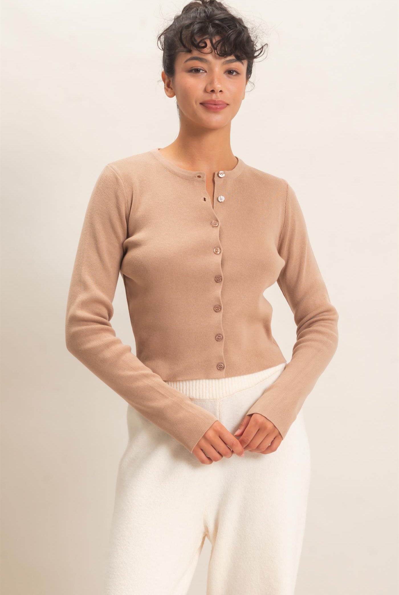 Wholesale Ribbed Crew Neck Cardigan Cardigans DZ27A153 DARK TAUPE DOUBLE ZERO