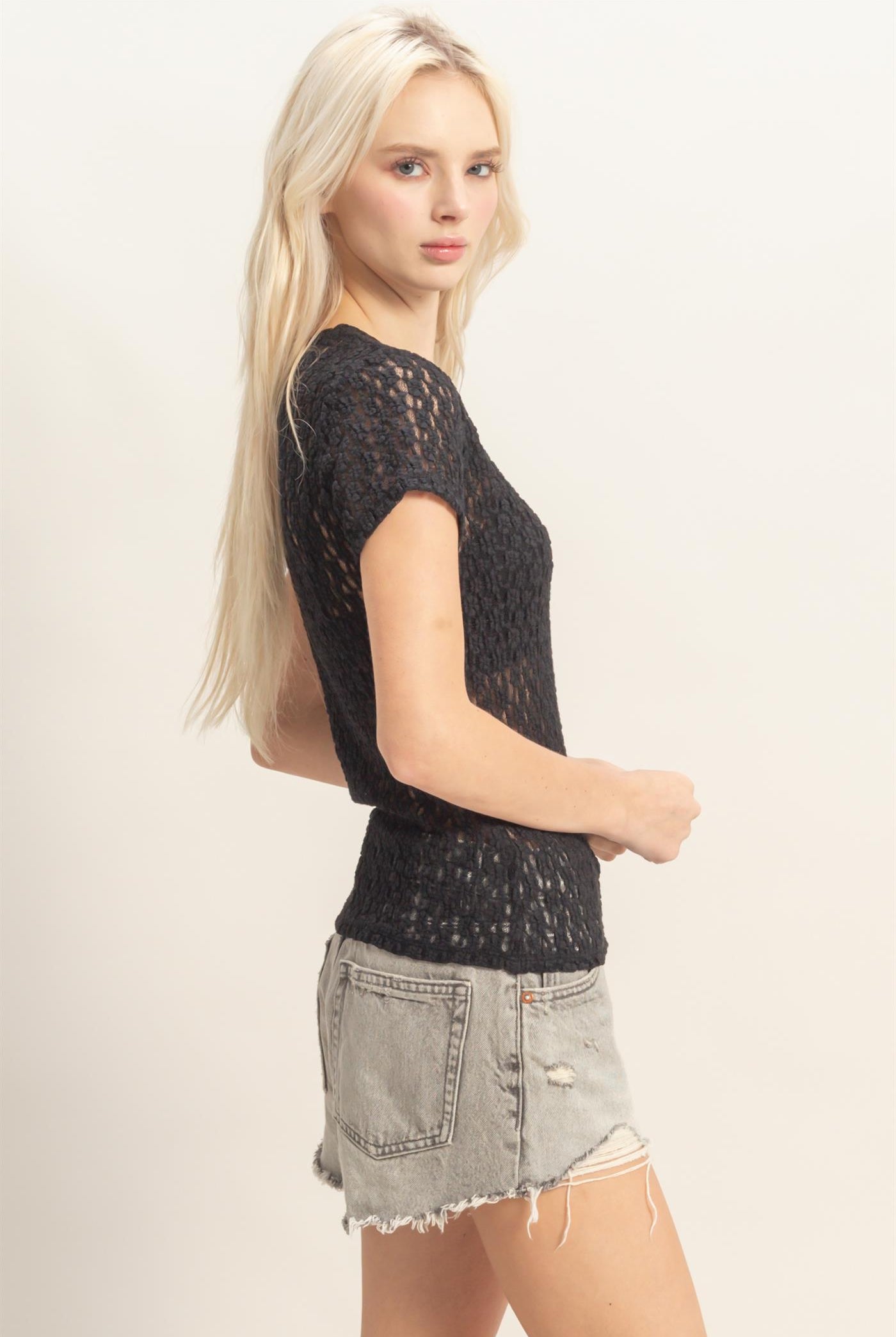 Wholesale Textured Lace Short Sleeve Top Clothing Tops DZ26C394 BLACK DOUBLE ZERO