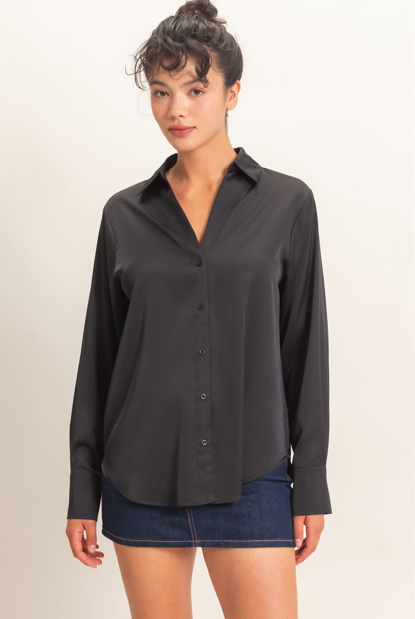 Wholesale Satin Button-Down Shirts Shirts DZ26E265 BLACK DOUBLE ZERO