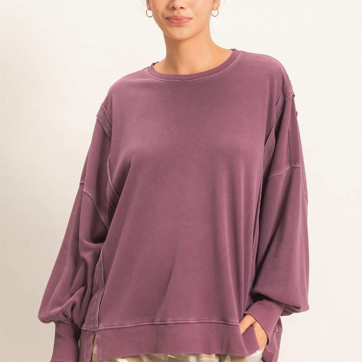 Wholesale Pigment Dye Oversized Raw Edge Sweatshirt Sweatshirts DZ26C737 DARK CHERRY DOUBLE ZERO