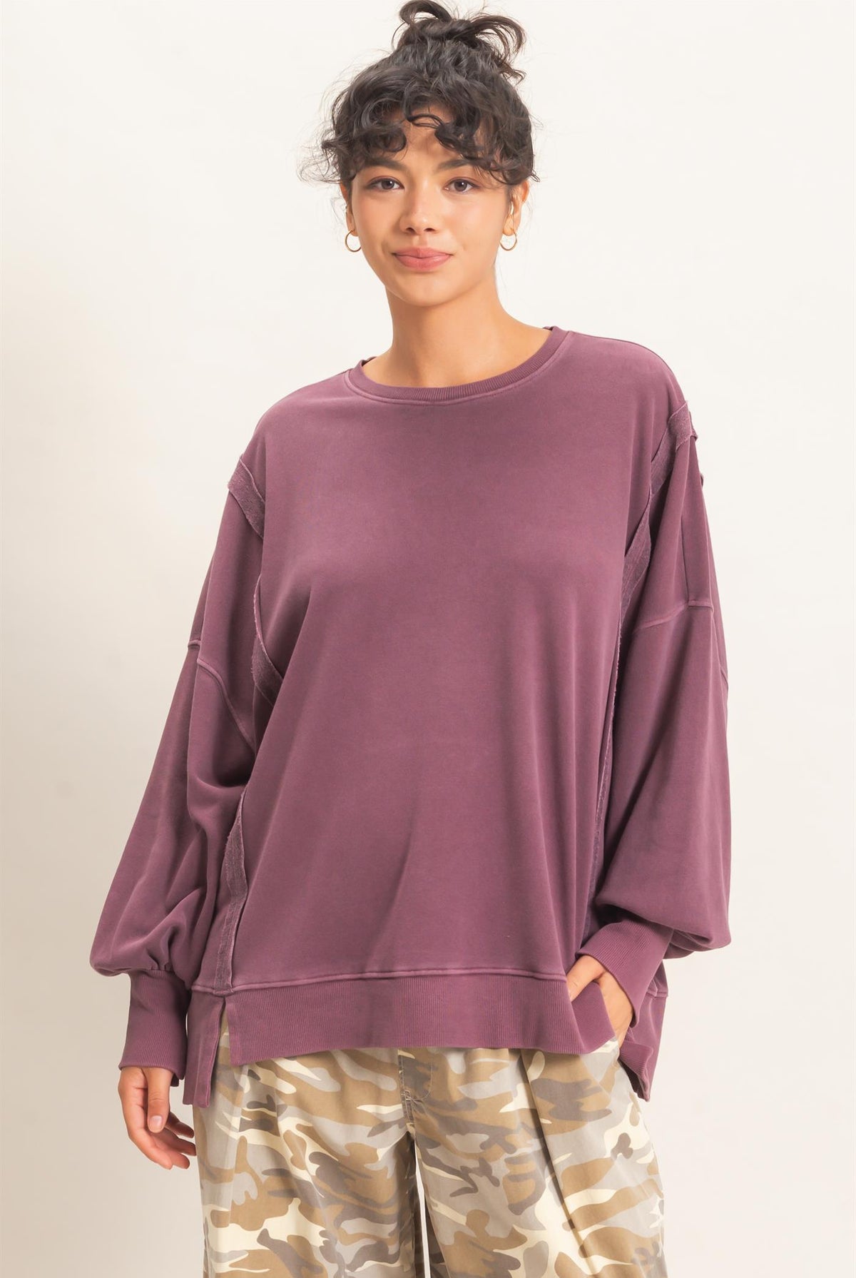 Wholesale Pigment Dye Oversized Raw Edge Sweatshirt Sweatshirts DZ26C737 DARK CHERRY DOUBLE ZERO