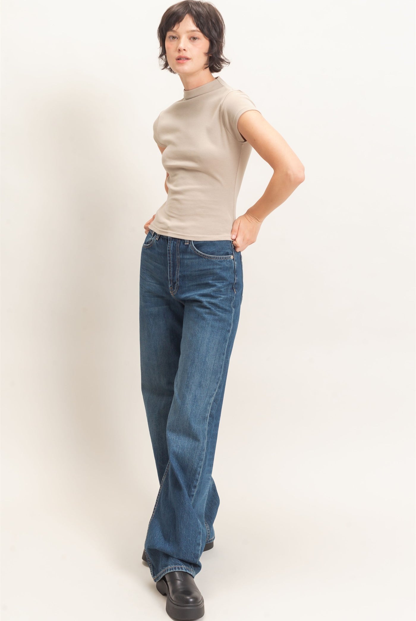 Wholesale Mock Neck Cap Sleeve Top Clothing Tops DZ26E323 WARM GRAY DOUBLE ZERO
