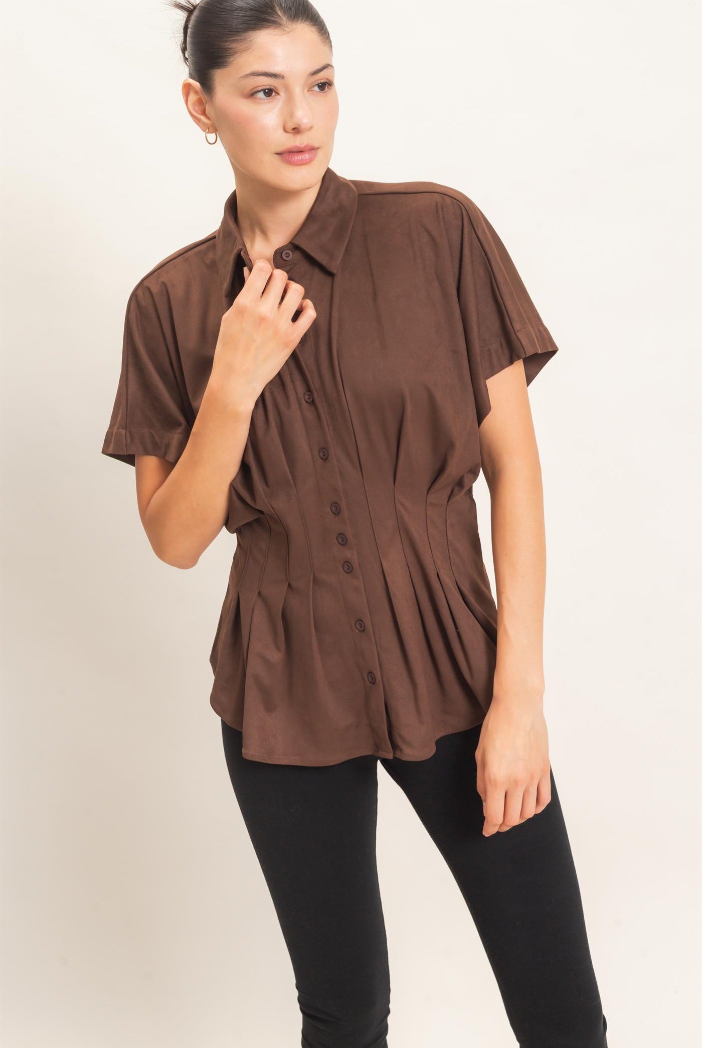 Wholesale Suede Button-Down Blouse Blouses HF26E651 CHESTNUT HYFVE