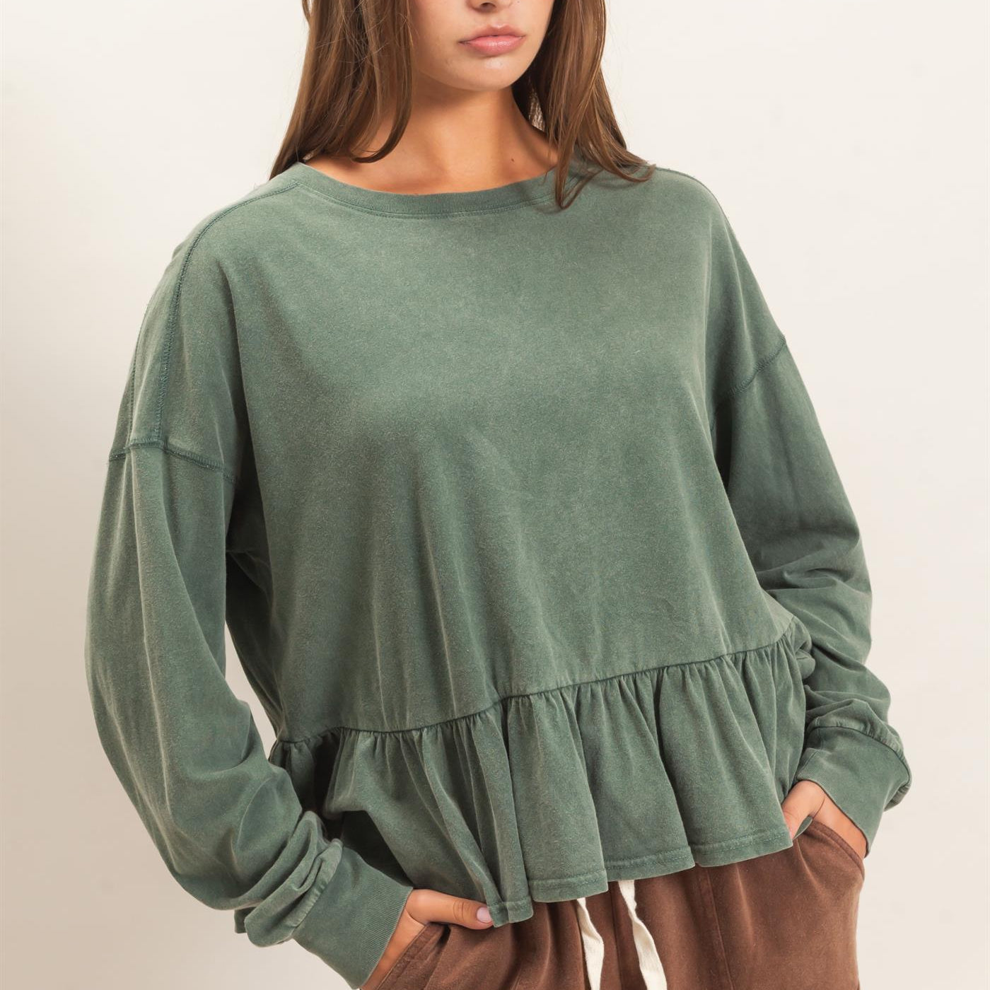Wholesale Peplum Long Sleeve Top Clothing Tops DZ26F397 DARK GREEN DOUBLE ZERO