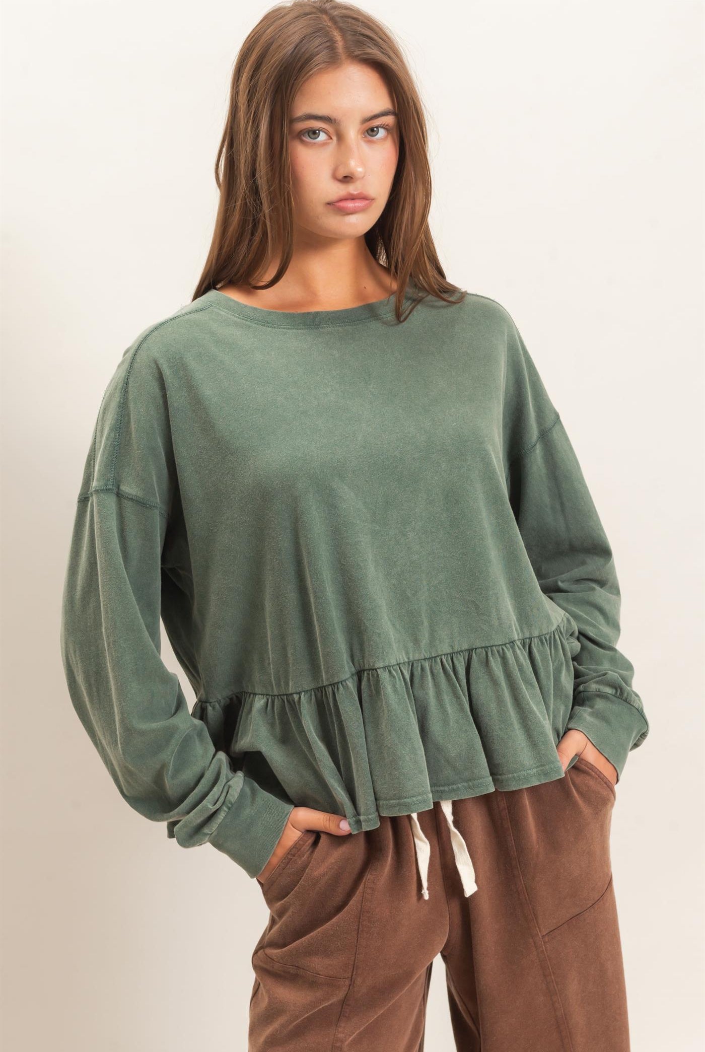 Wholesale Peplum Long Sleeve Top Clothing Tops DZ26F397 DARK GREEN DOUBLE ZERO