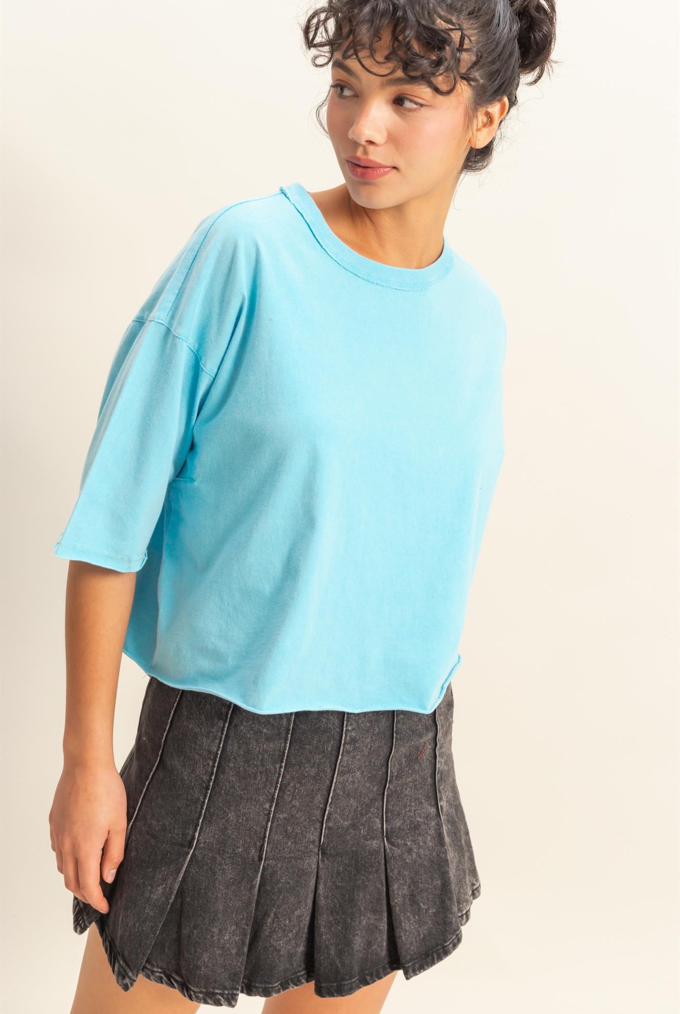 Wholesale Drop Shoulder Crew Neck Wide Fit Tee Clothing Tops DZ25A757 DUSTY INDIGO DOUBLE ZERO