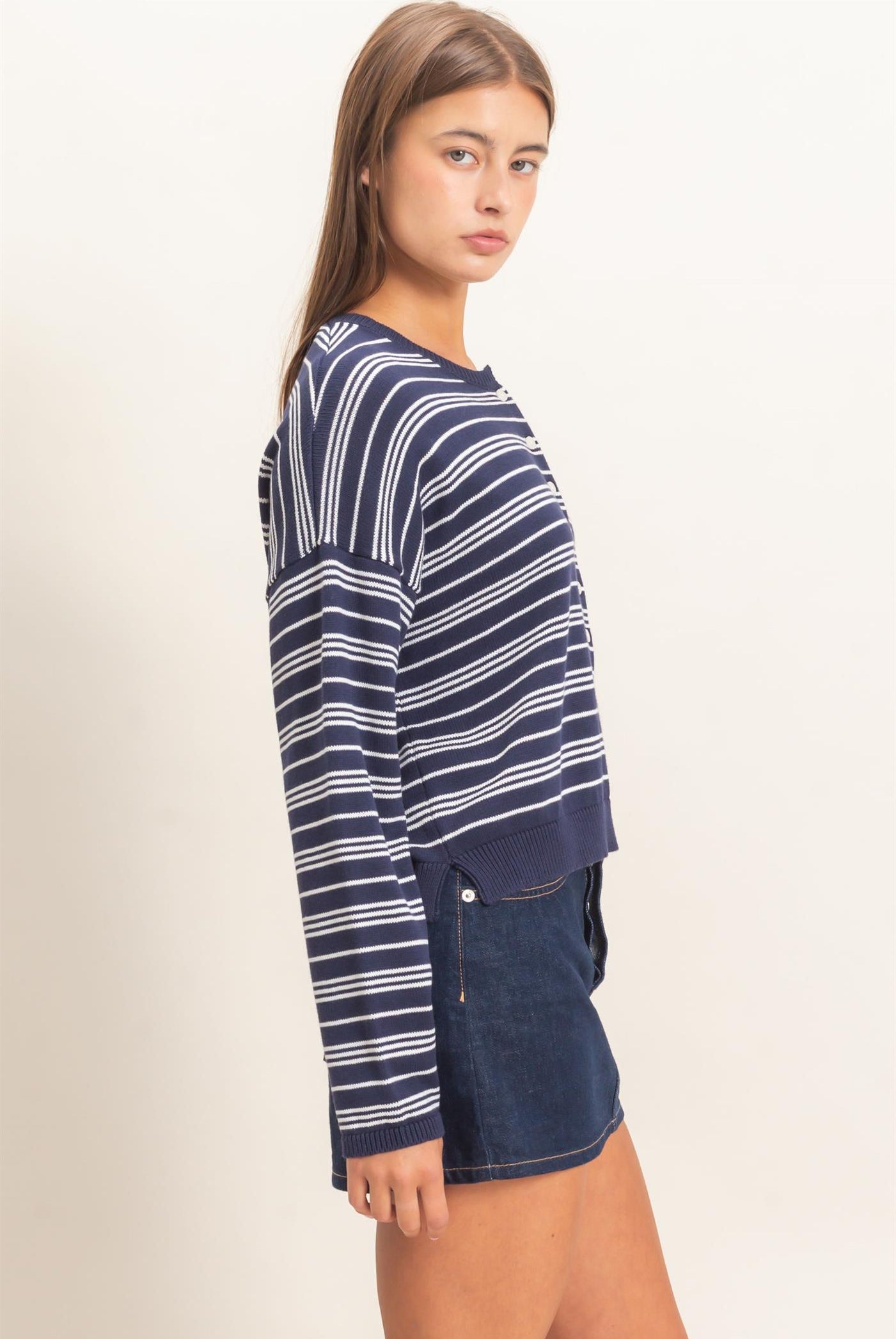 Wholesale Striped Henley Sweater Sweaters DZ26E113 NAVY DOUBLE ZERO