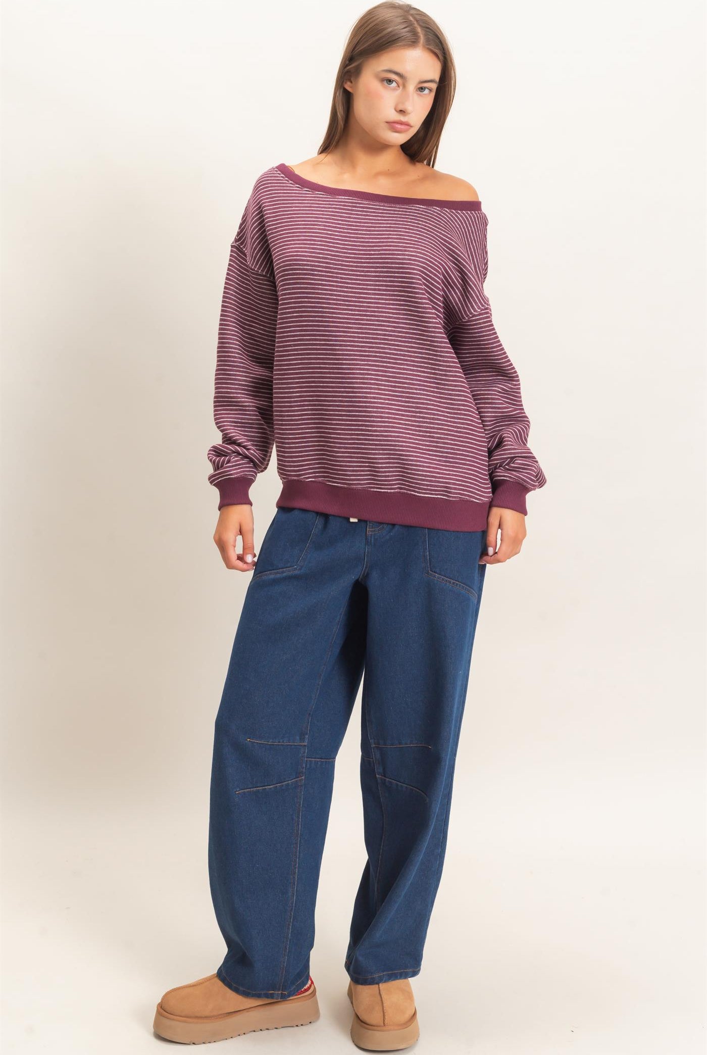 Wholesale Striped Off The Shoulder Sweatshirt Sweatshirts DZ26C881 DARK CHERRY DOUBLE ZERO