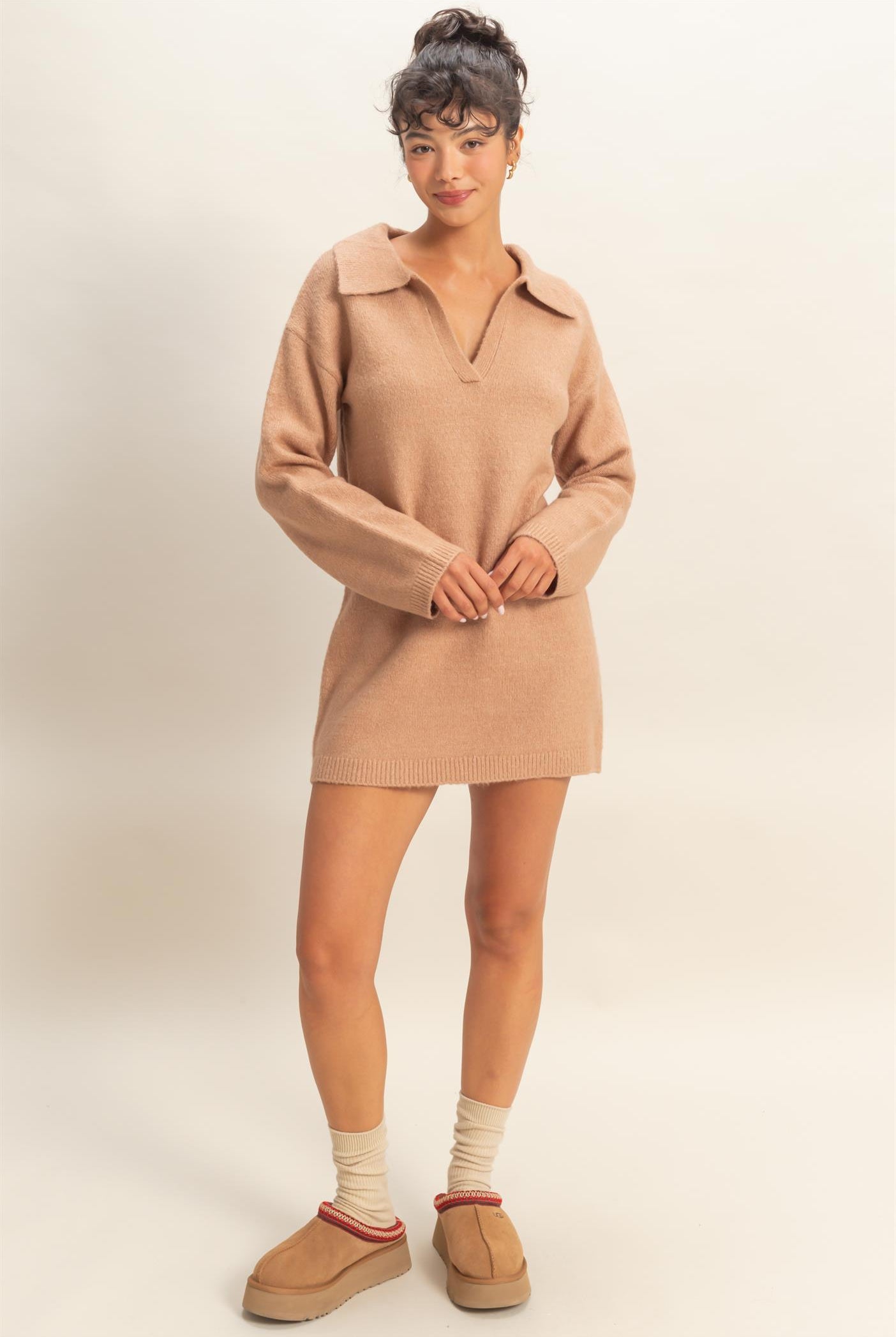 Wholesale Sophisticated Polo Long Sleeve Sweater Dress Dresses DZ25E838 DARK TAUPE DOUBLE ZERO