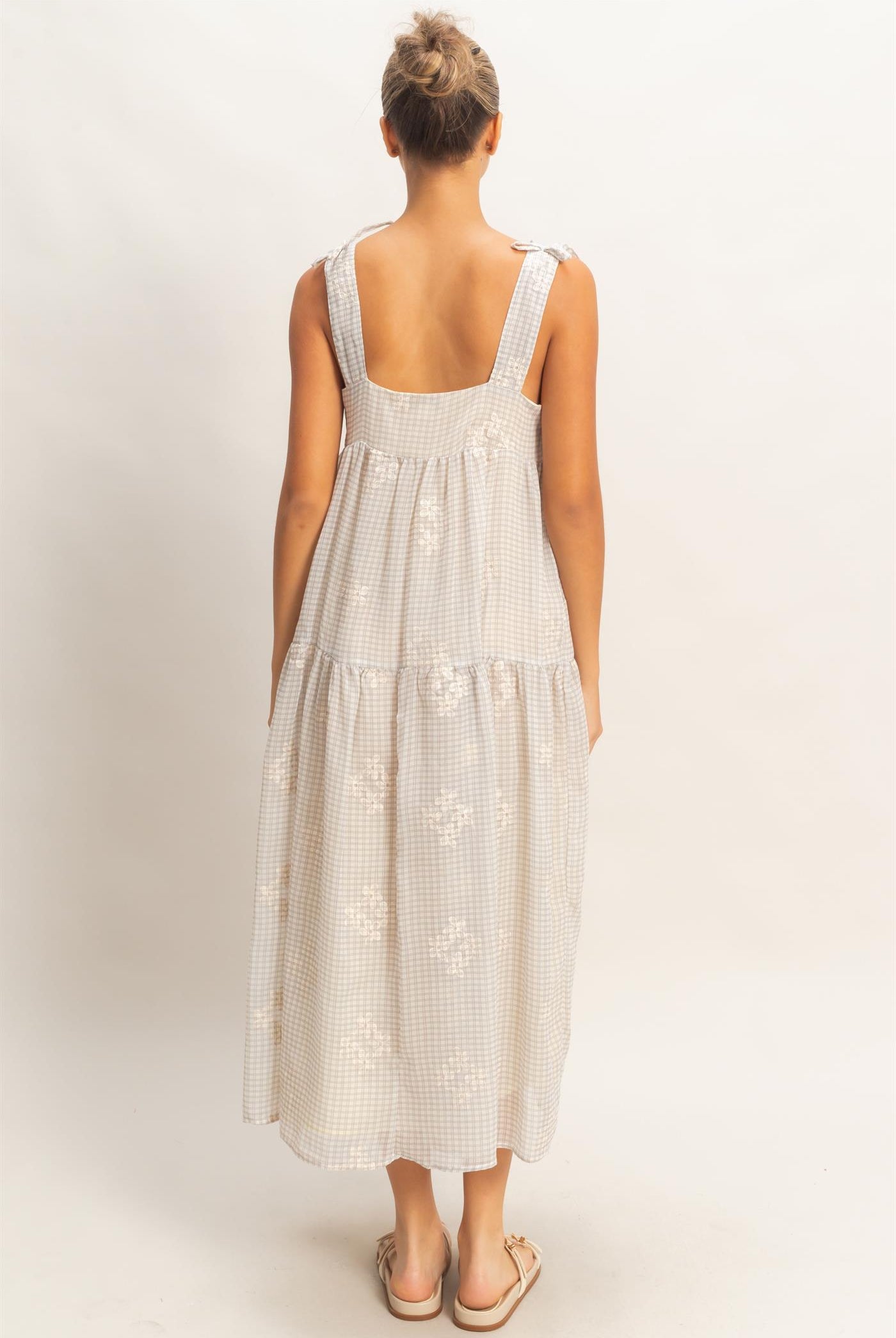 Wholesale Tiered Gingham Dress With Embroidery Dresses HF26A695 DARK MAUVE HYFVE