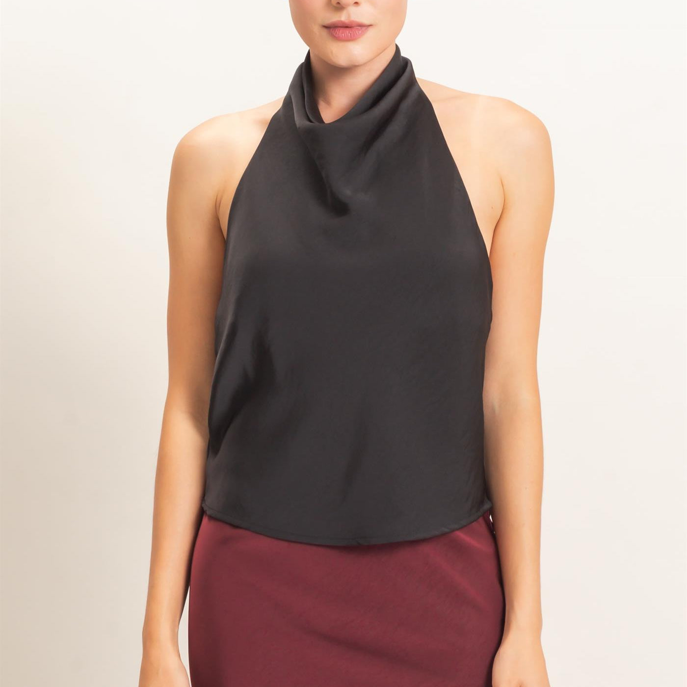 Wholesale Draped Halter Satin Top Blouses HF26E632 BLACK HYFVE