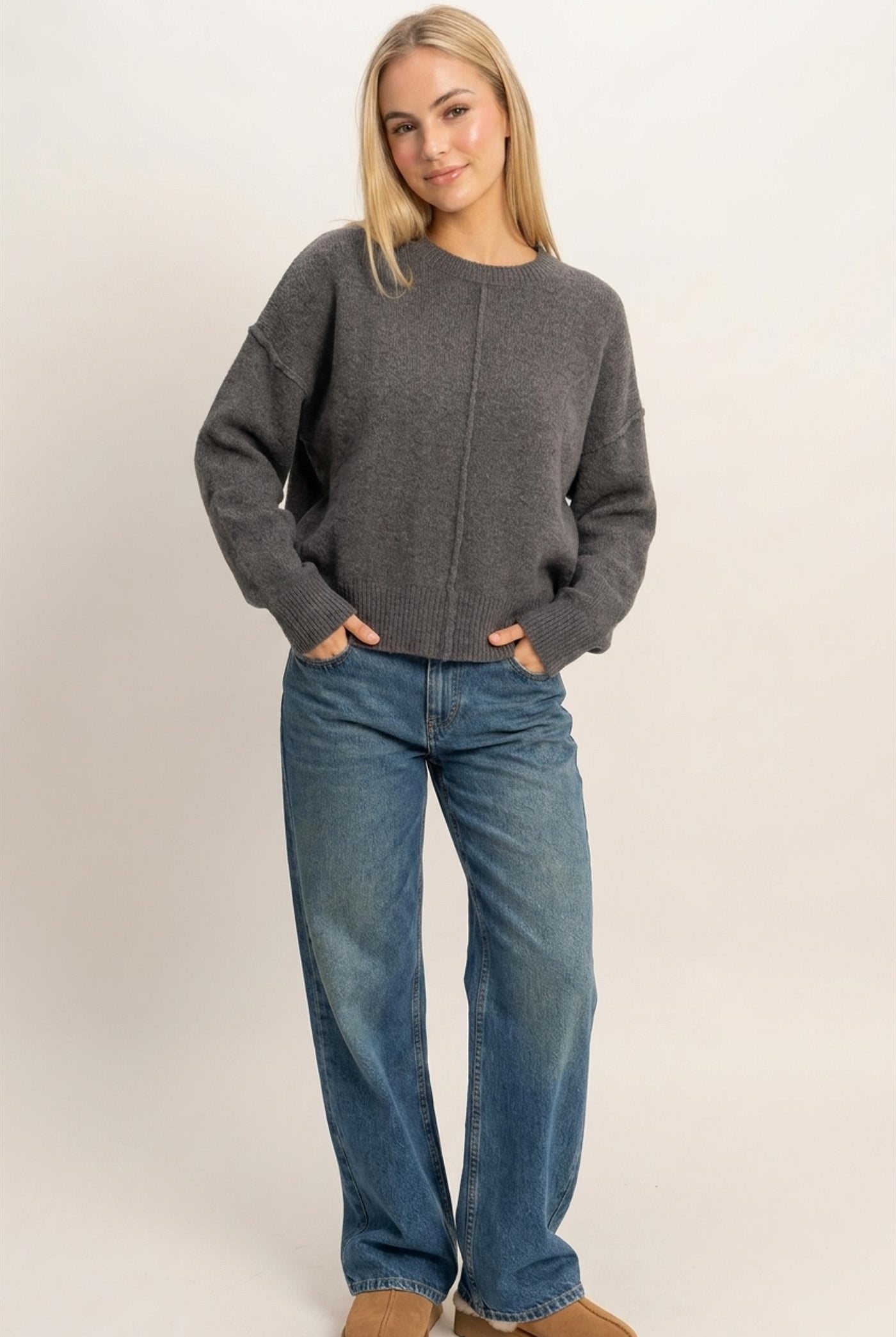 Wholesale Crew Neck Seam Detail Sweater Sweaters DZ26E240 CHARCOAL DOUBLE ZERO